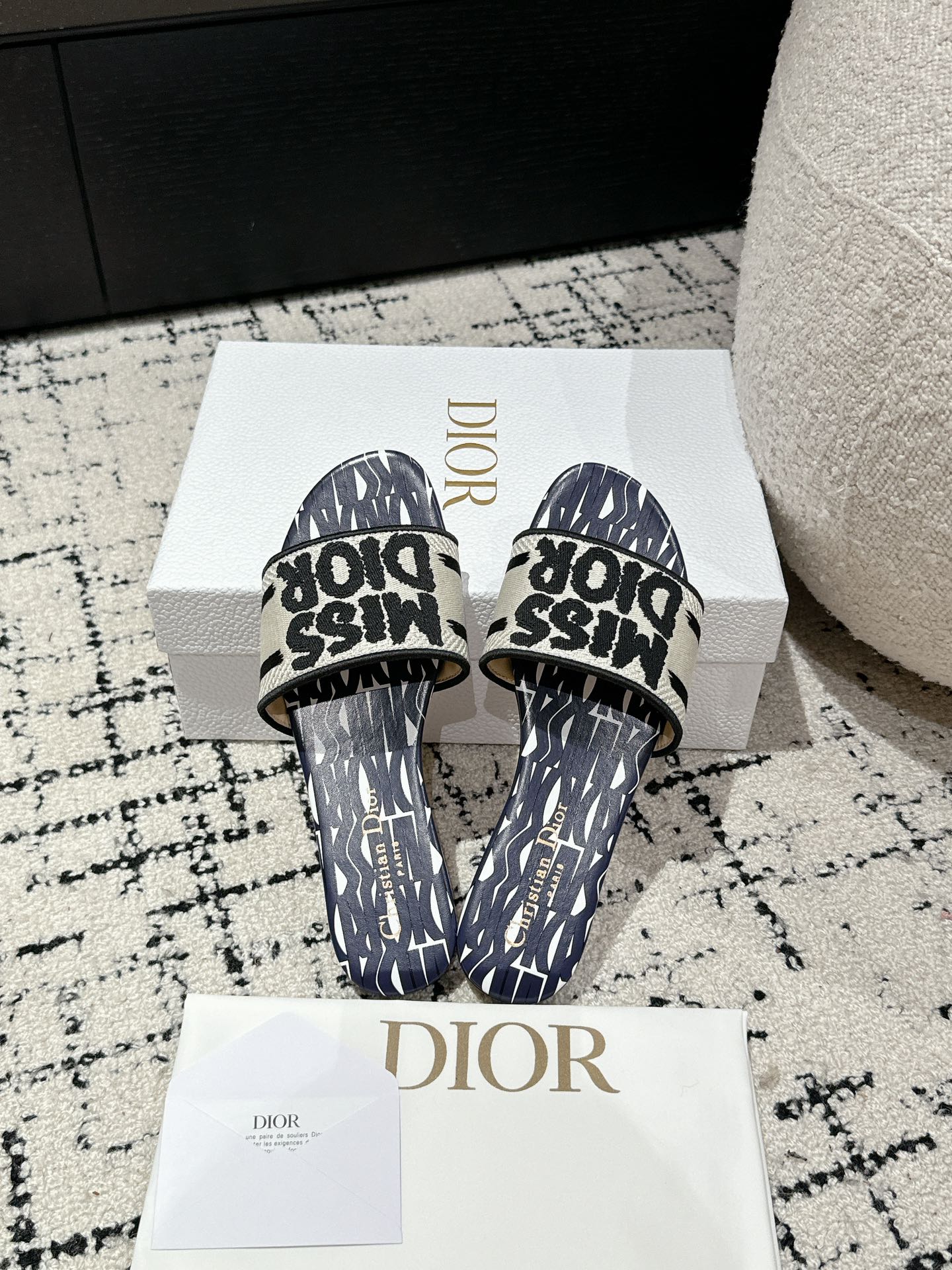 DIOR Dway Slide Deep Blue Mix White Black Embroidered Cotton