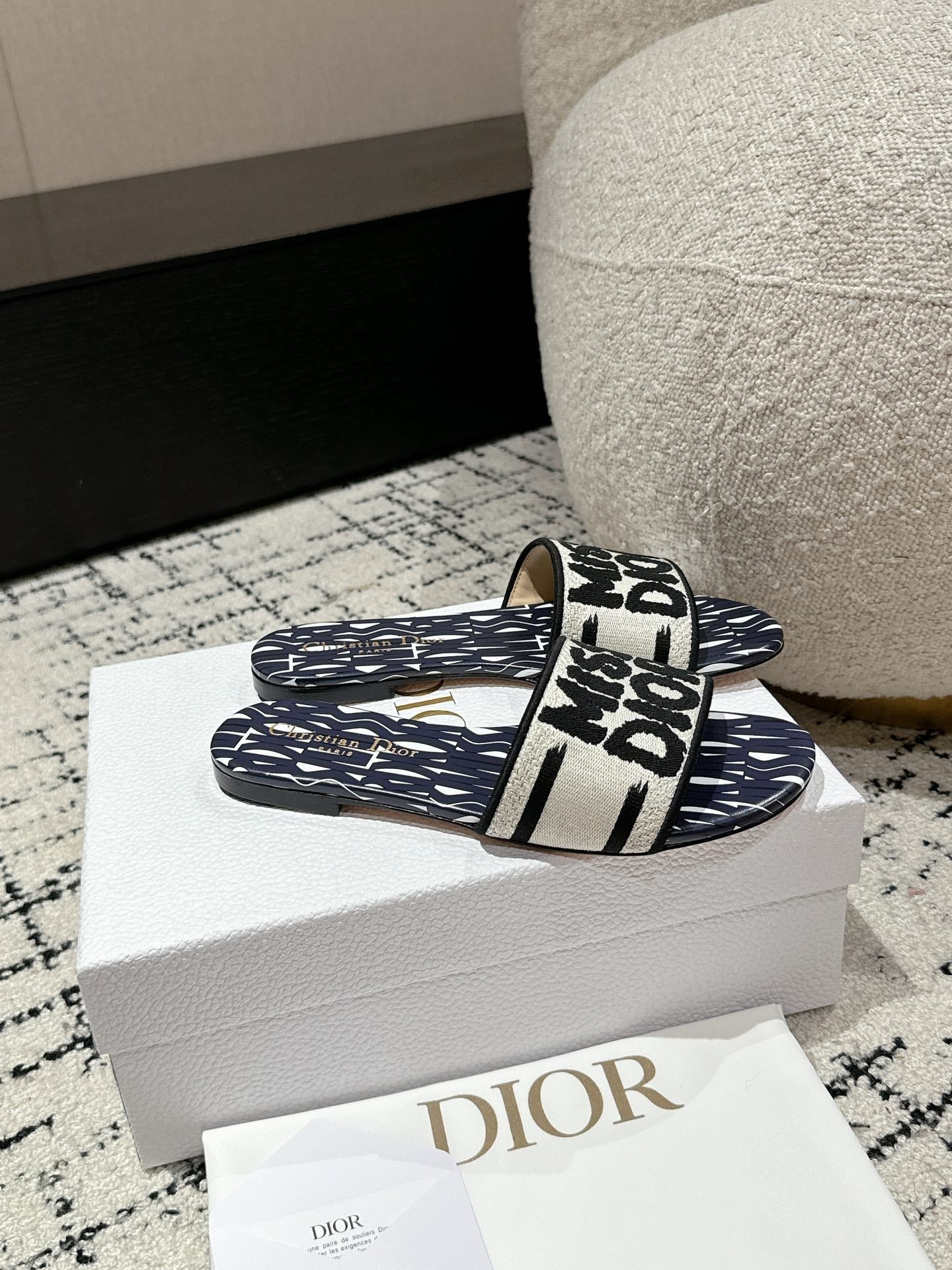 DIOR Dway Slide Deep Blue Mix White Black Embroidered Cotton