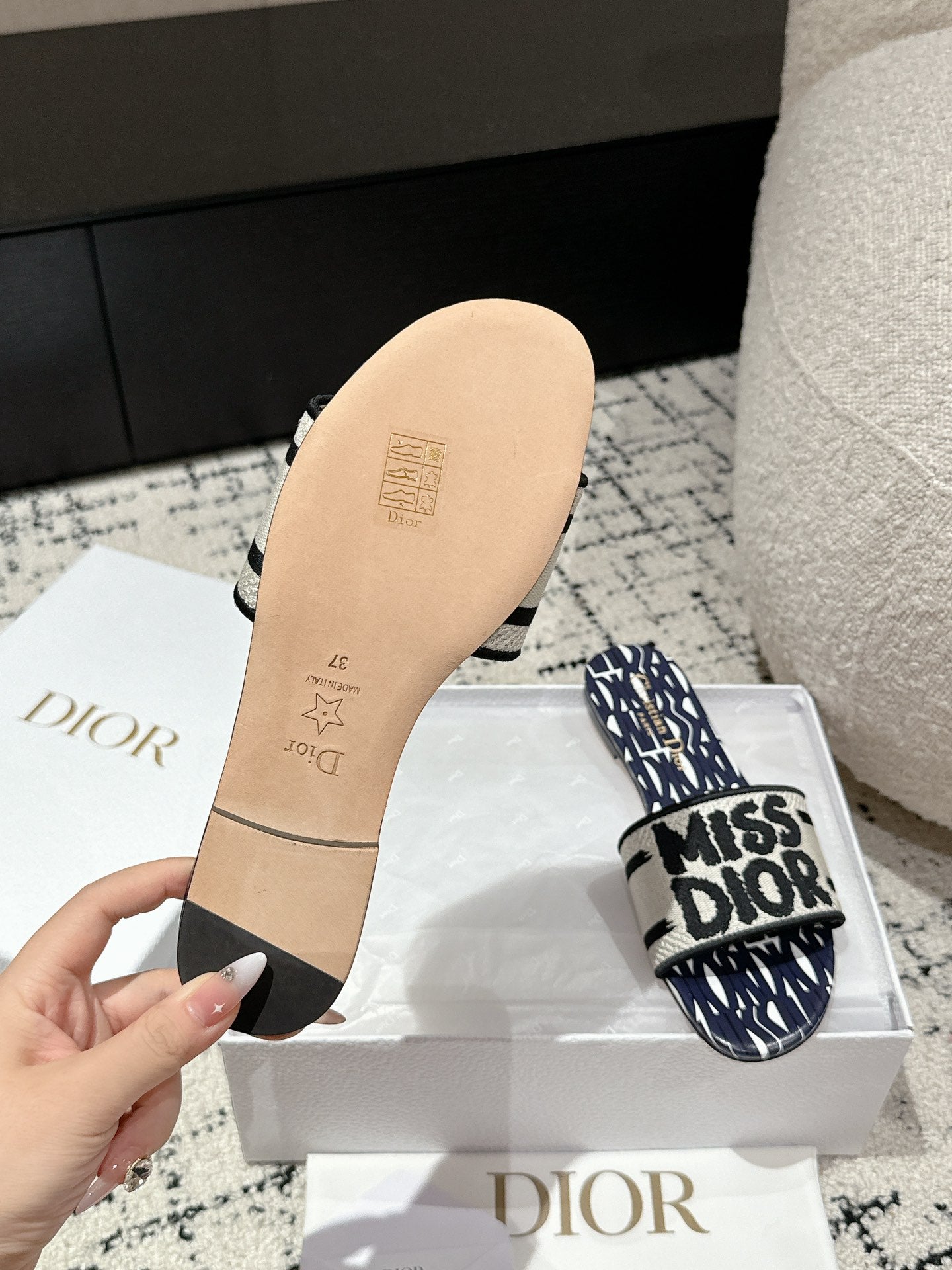 DIOR Dway Slide Deep Blue Mix White Black Embroidered Cotton