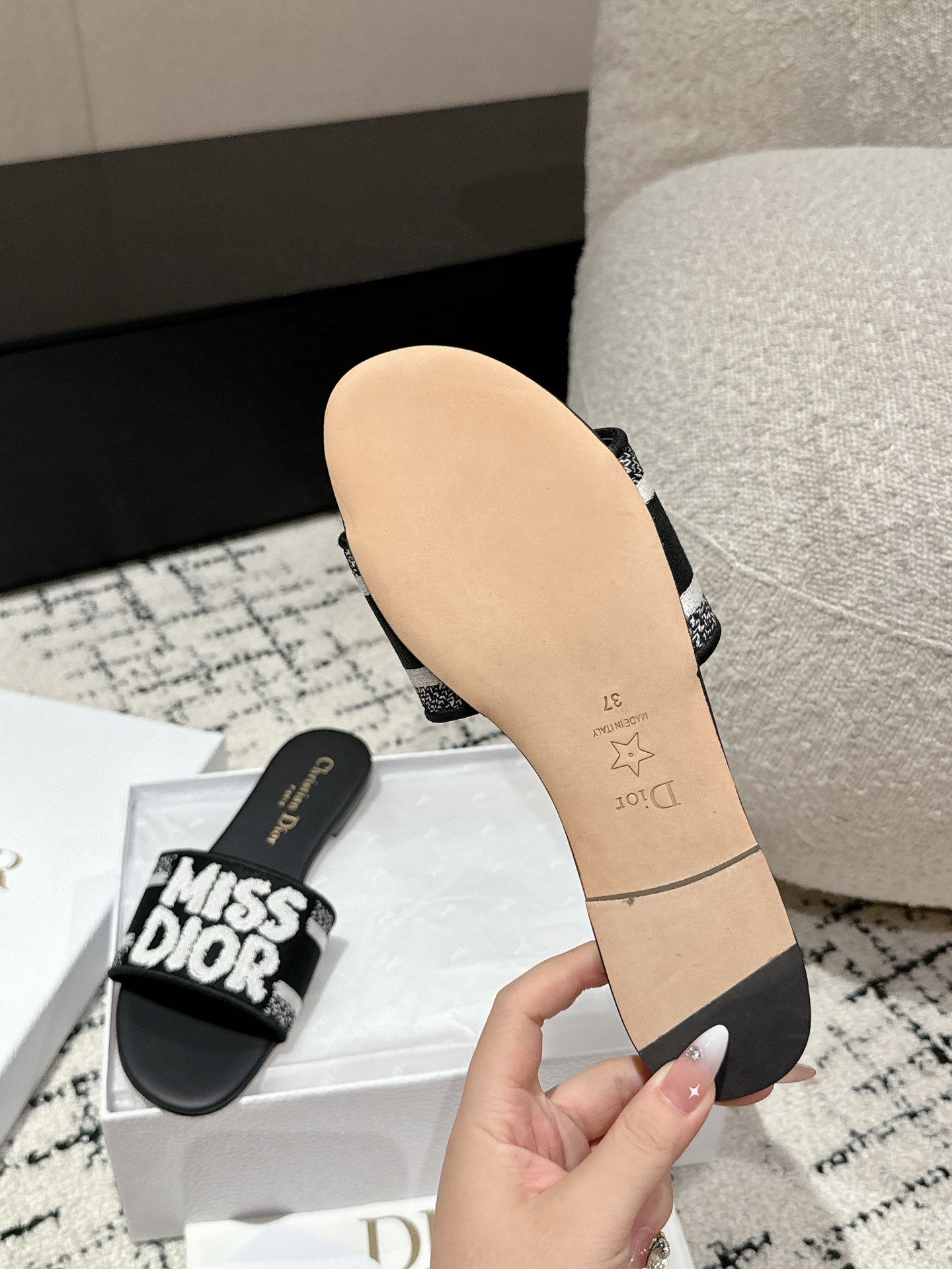 DIOR Dway Slide Black Mix White Embroidered Cotton