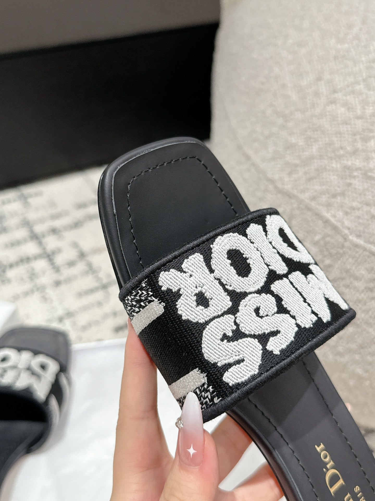 DIOR Dway Heeled Slide Black Mix White Embroidered Cotton