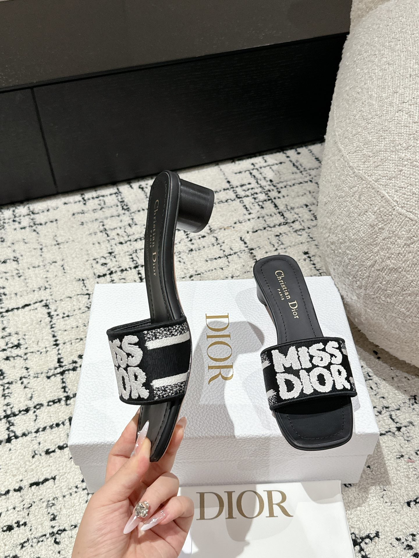 DIOR Dway Heeled Slide Black Mix White Embroidered Cotton