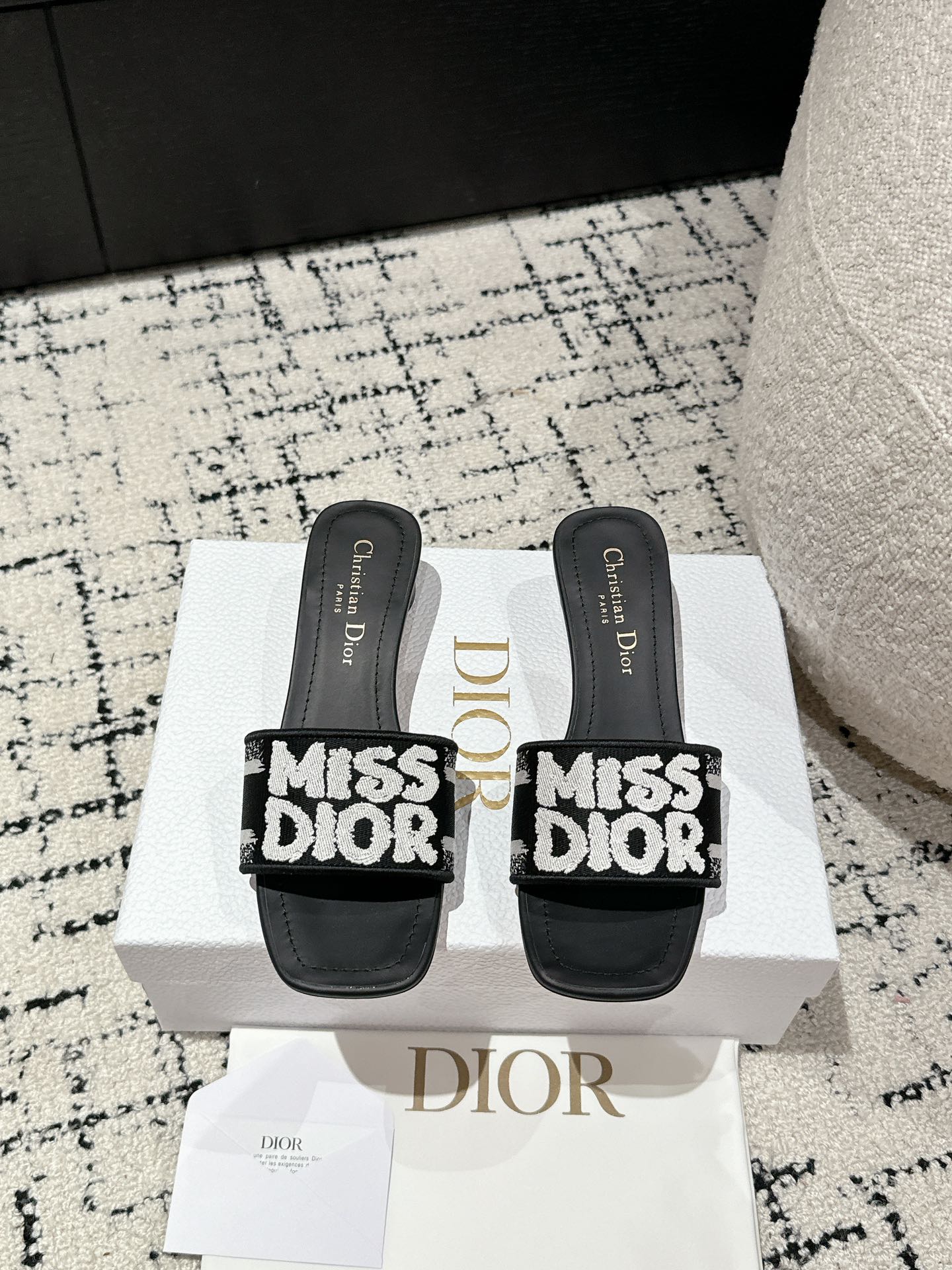 DIOR Dway Heeled Slide Black Mix White Embroidered Cotton