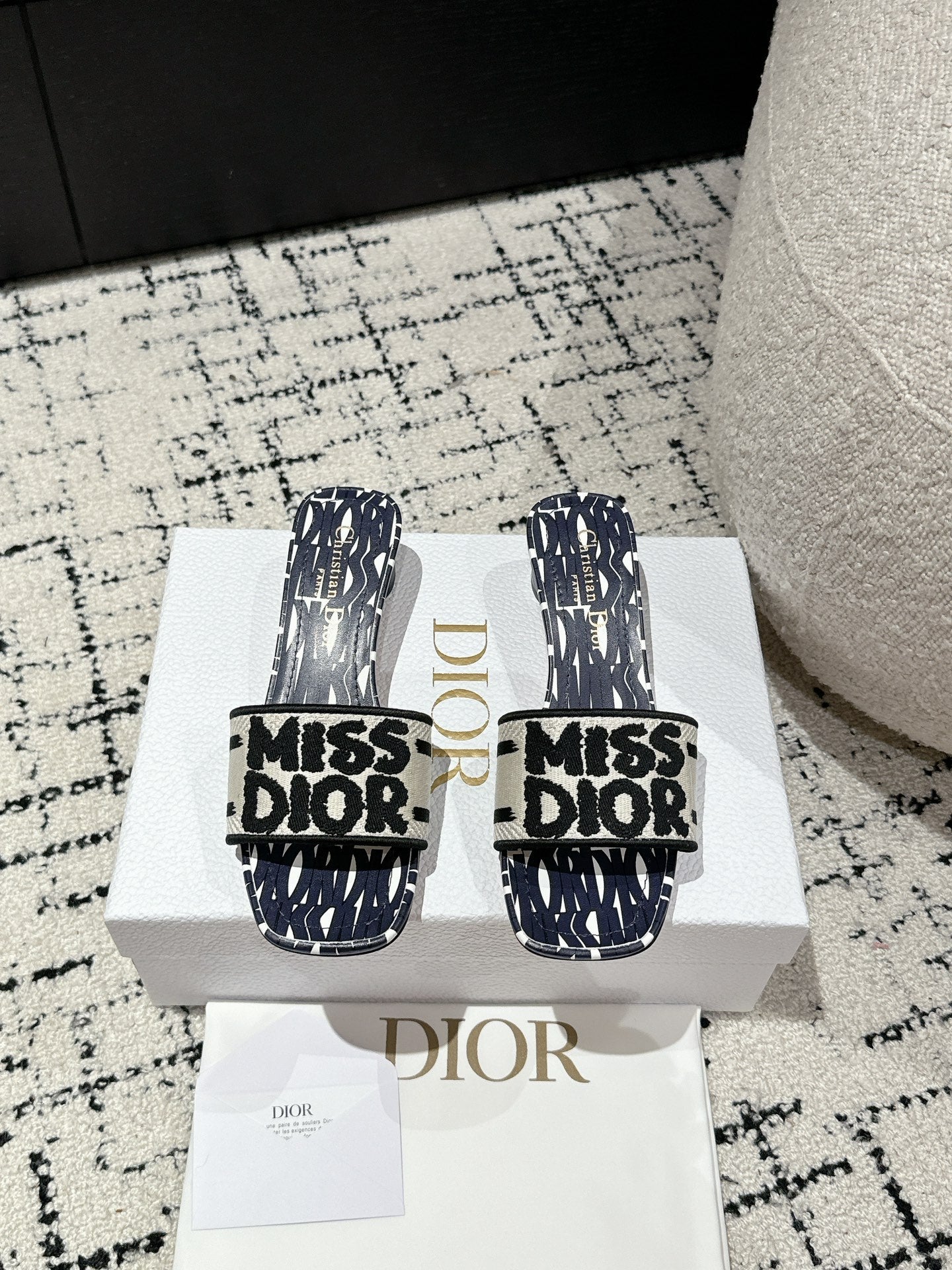 DIOR Dway Heeled Slide Deep Blue Mix Black White Embroidered Cotton