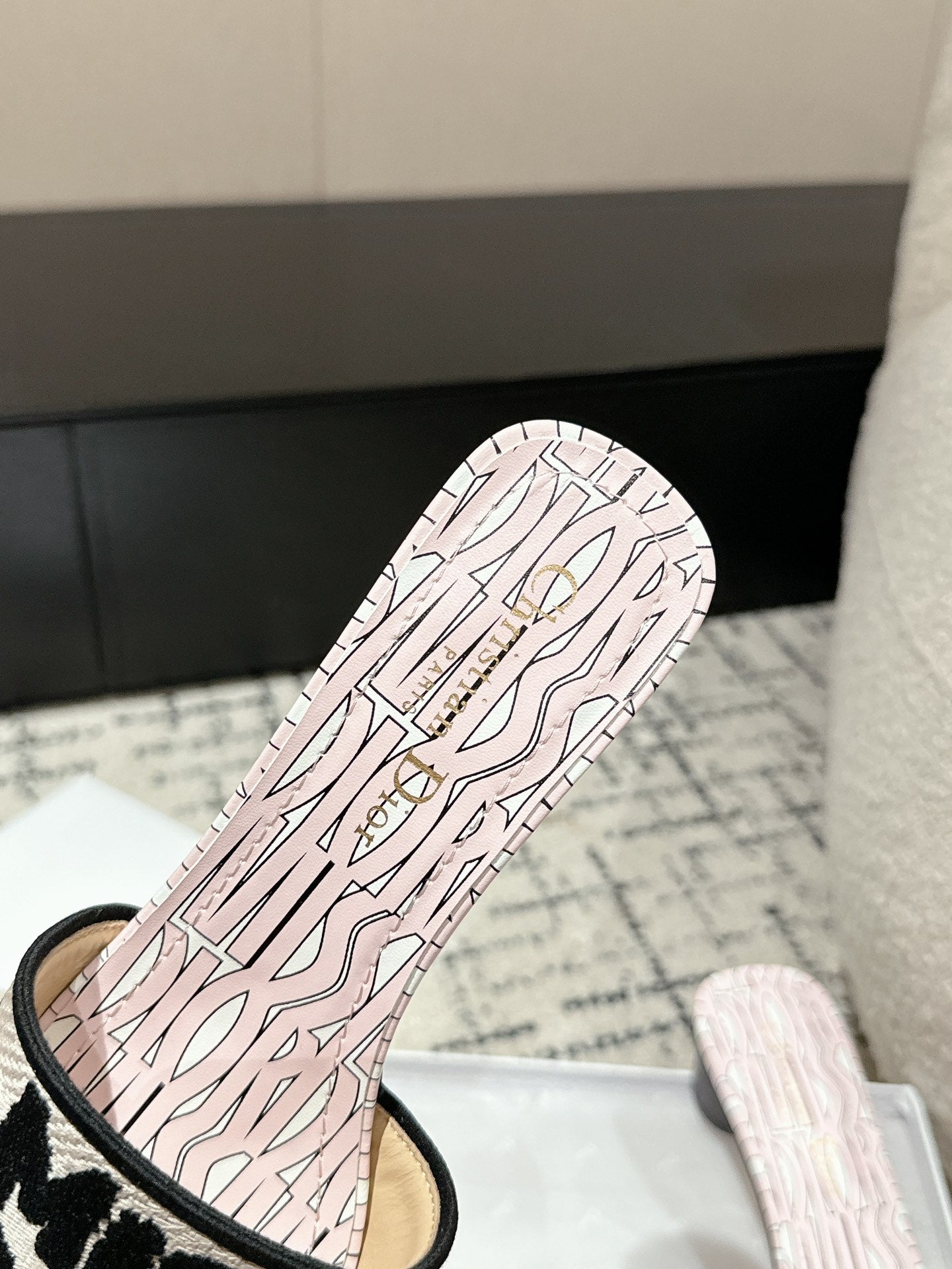 DIOR Dway Heeled Slide Light Pink Black Embroidered Cotton