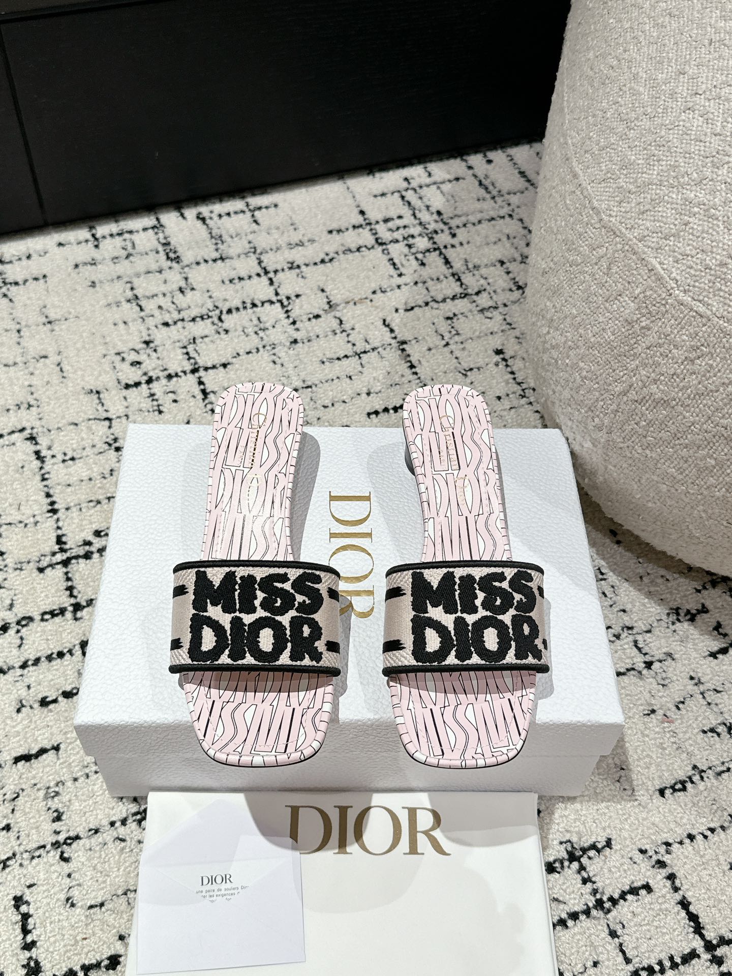 DIOR Dway Heeled Slide Light Pink Black Embroidered Cotton