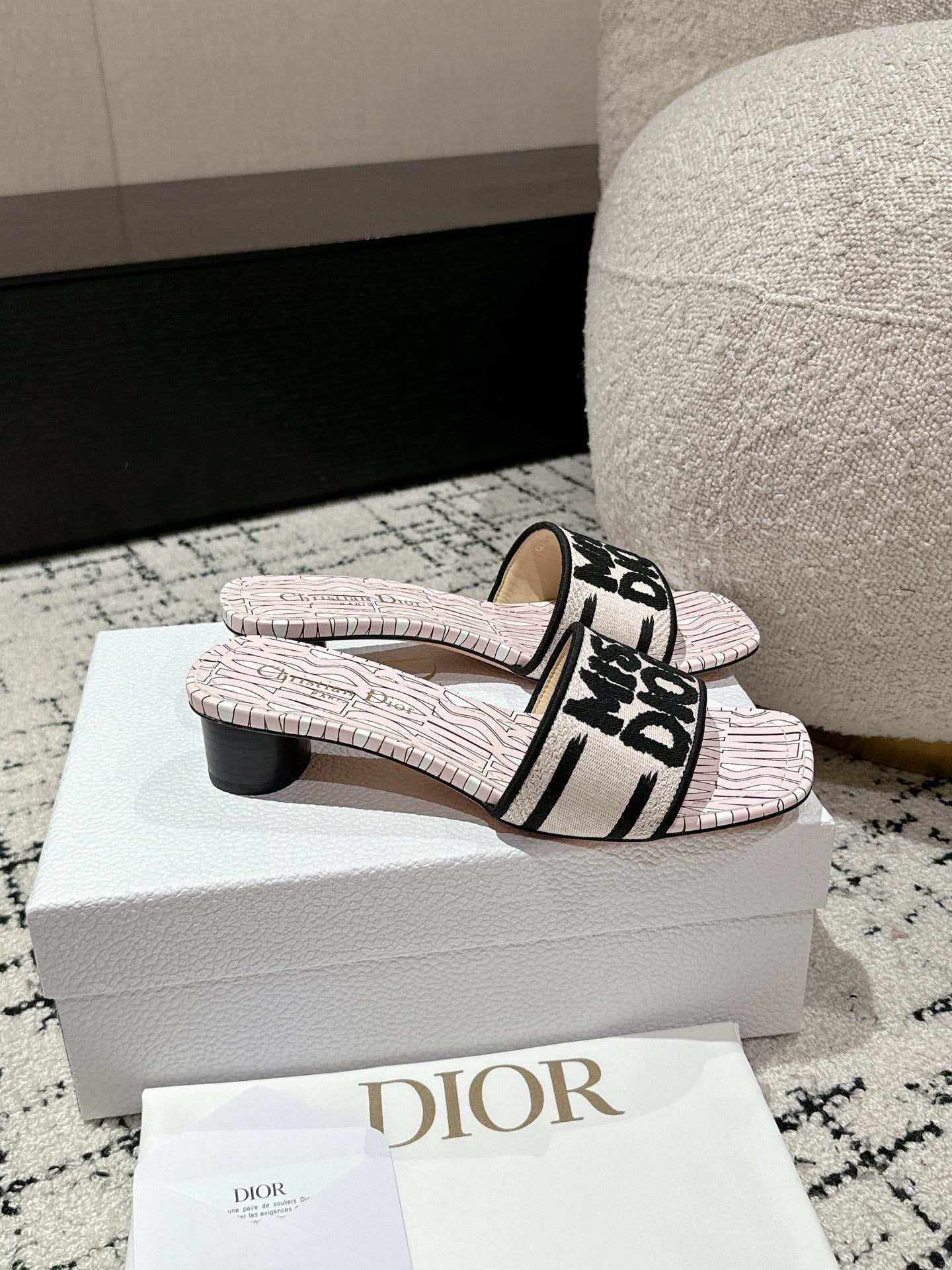 DIOR Dway Heeled Slide Light Pink Black Embroidered Cotton