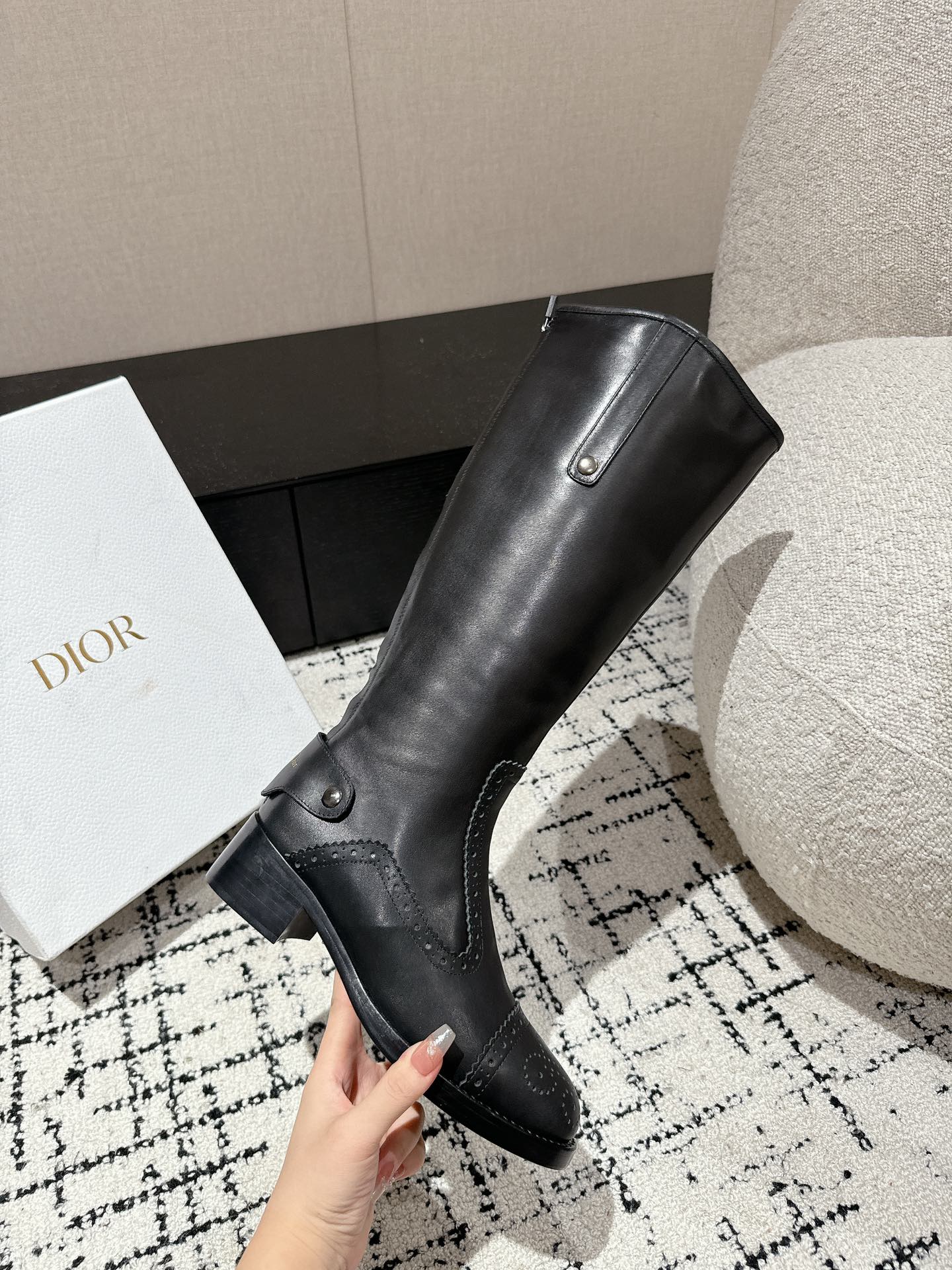 DIOR High Boots Black Classic Pattern Calfskin