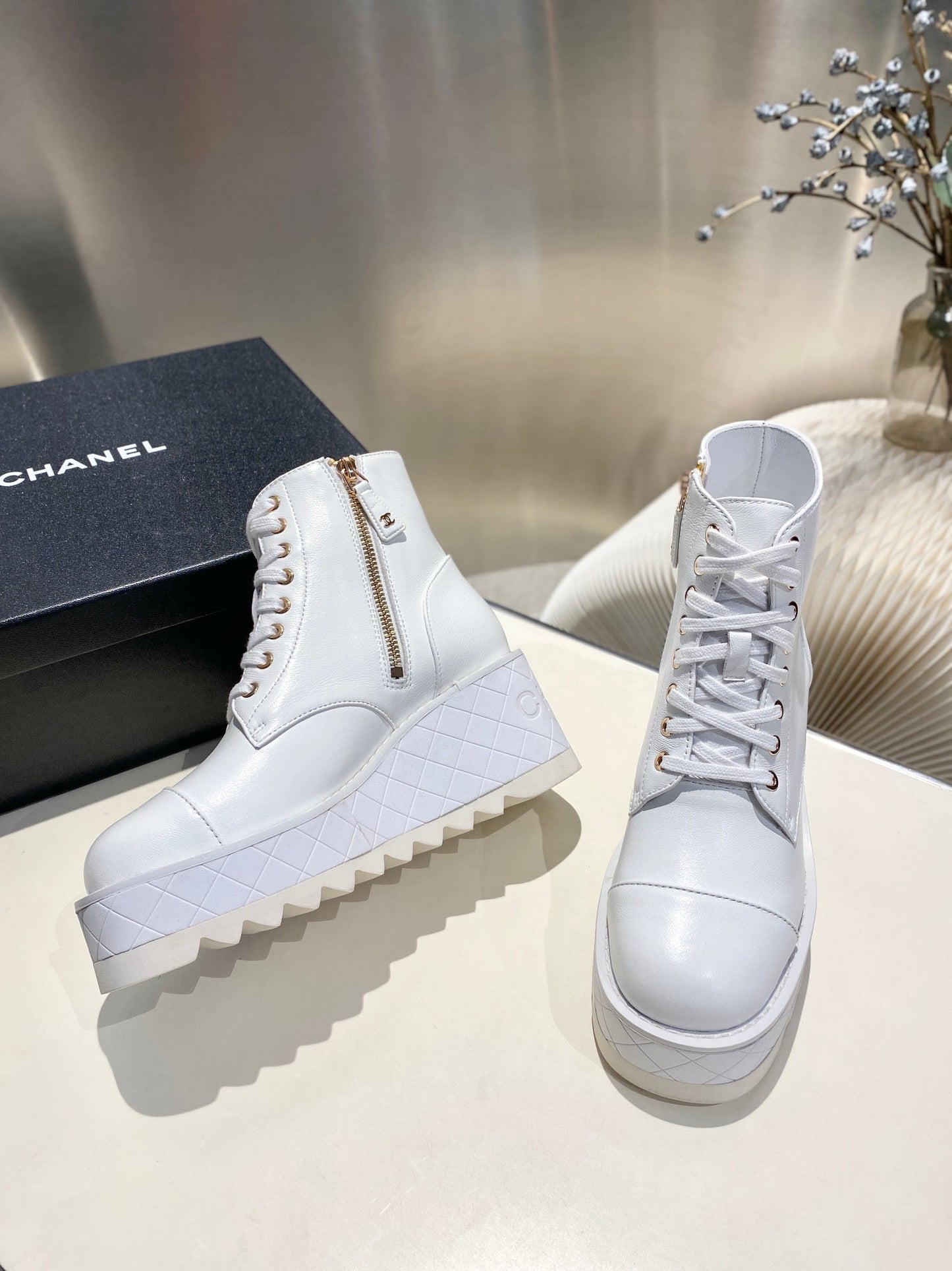 CHANEL Ankle Boots 100m White Lambskin