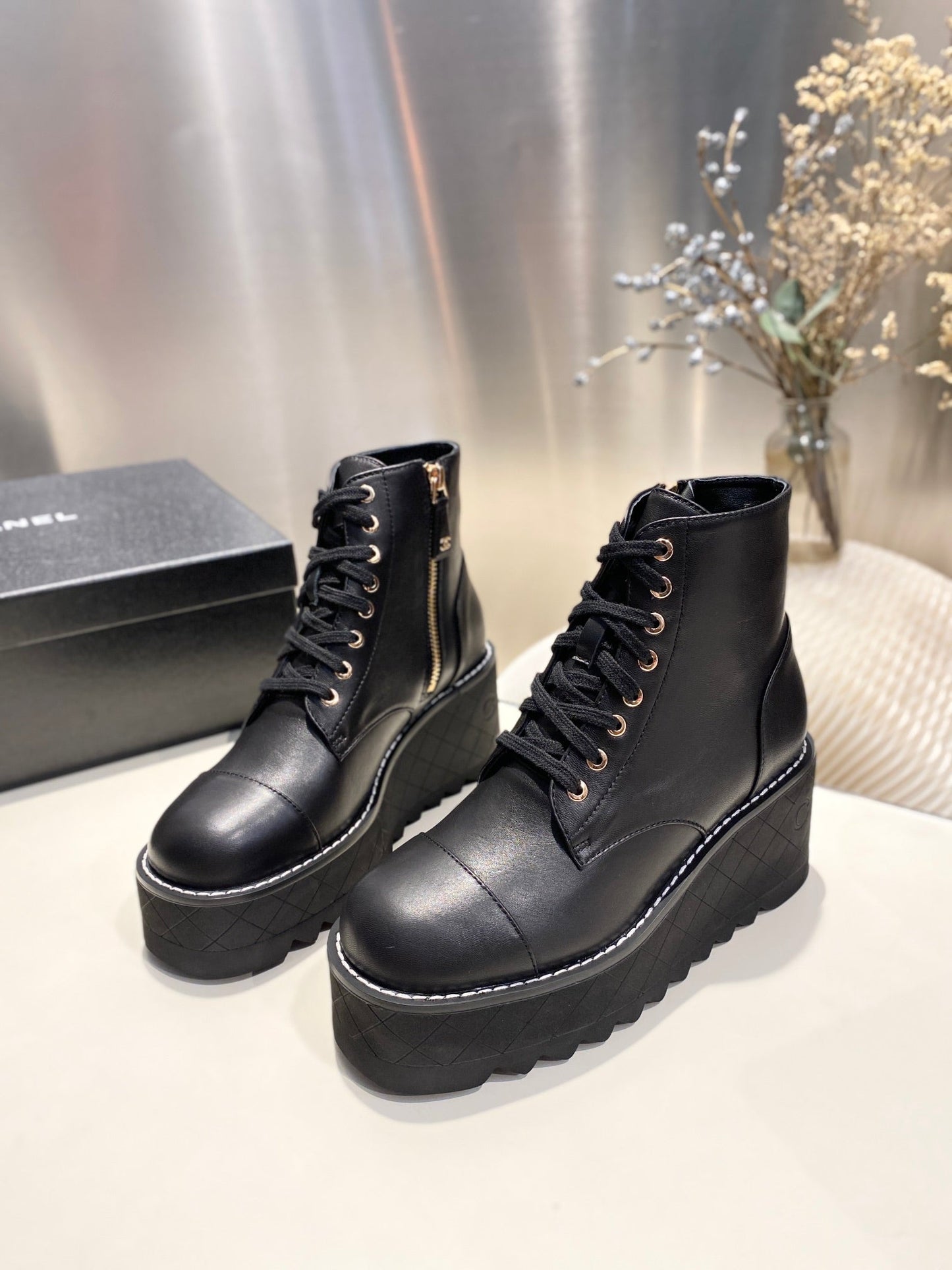CHANEL Ankle Boots 100m Black Lambskin