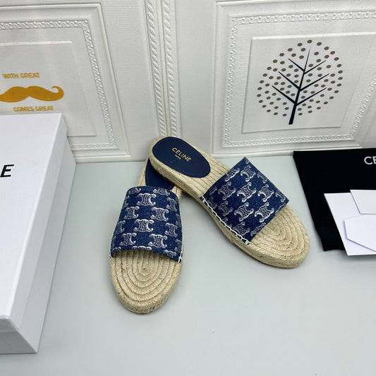Celine NEW FLAT FISHERMAN SLIPPERS NAVY BLUE COTTON CANVAS
