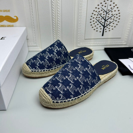 Celine NEW FLAT FISHERMAN SANDALS NAVY BLUE COTTON CANVAS
