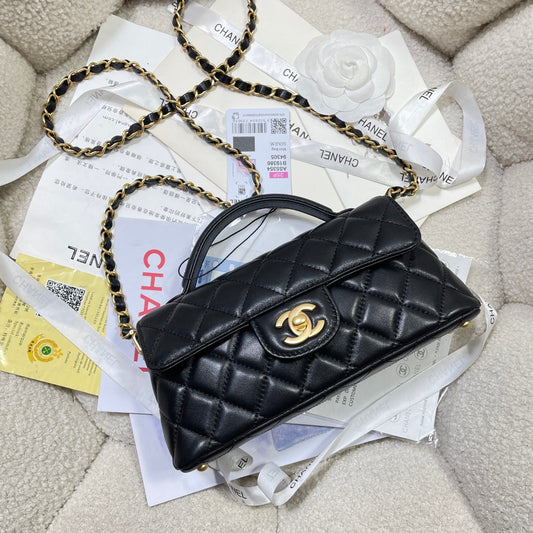 CHANEL 25P Mini Flap Bag 22cm Top Handle Black Calfskin Gold Hardware