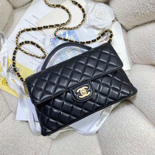 CHANEL 25P Medium Flap Bag 25cm Top Handle Black Calfskin Gold Hardware