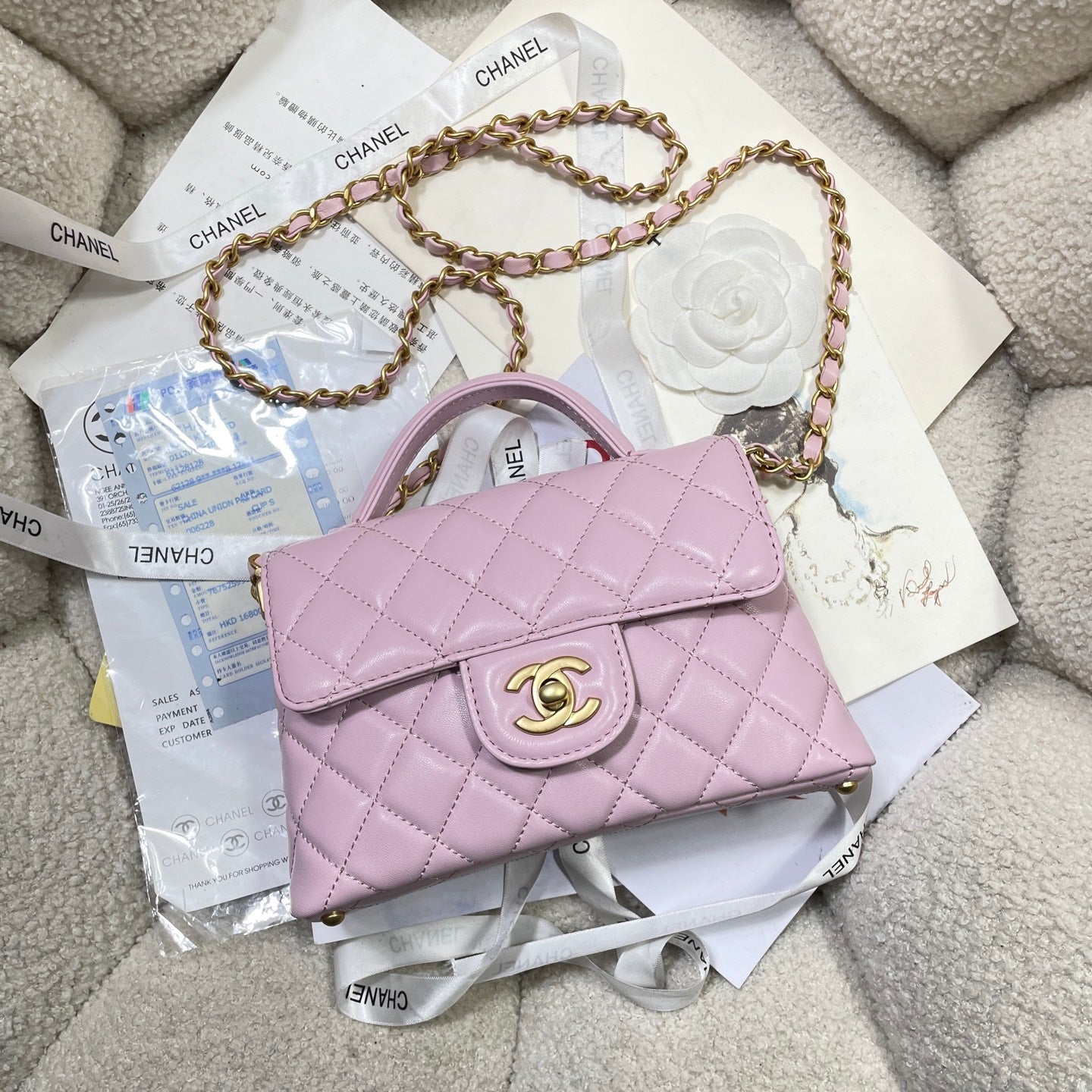 CHANEL 25P Mini Flap Bag 20cm Top Handle Pink Calfskin Gold Hardware