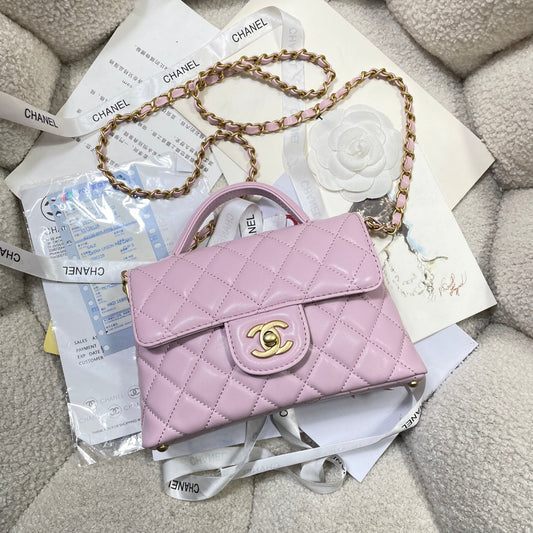 CHANEL 25P Mini Flap Bag 20cm Top Handle Pink Calfskin Gold Hardware