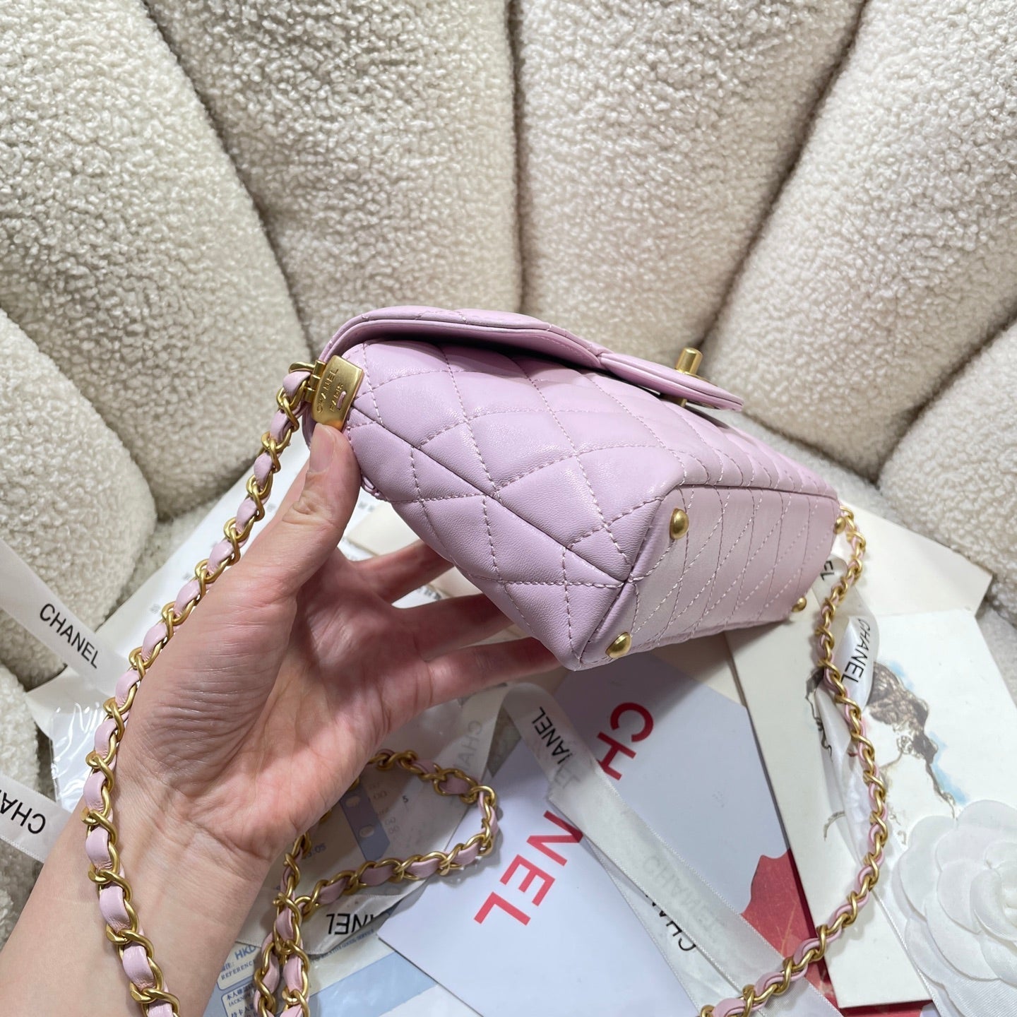 CHANEL 25P Mini Flap Bag 20cm Top Handle Pink Calfskin Gold Hardware