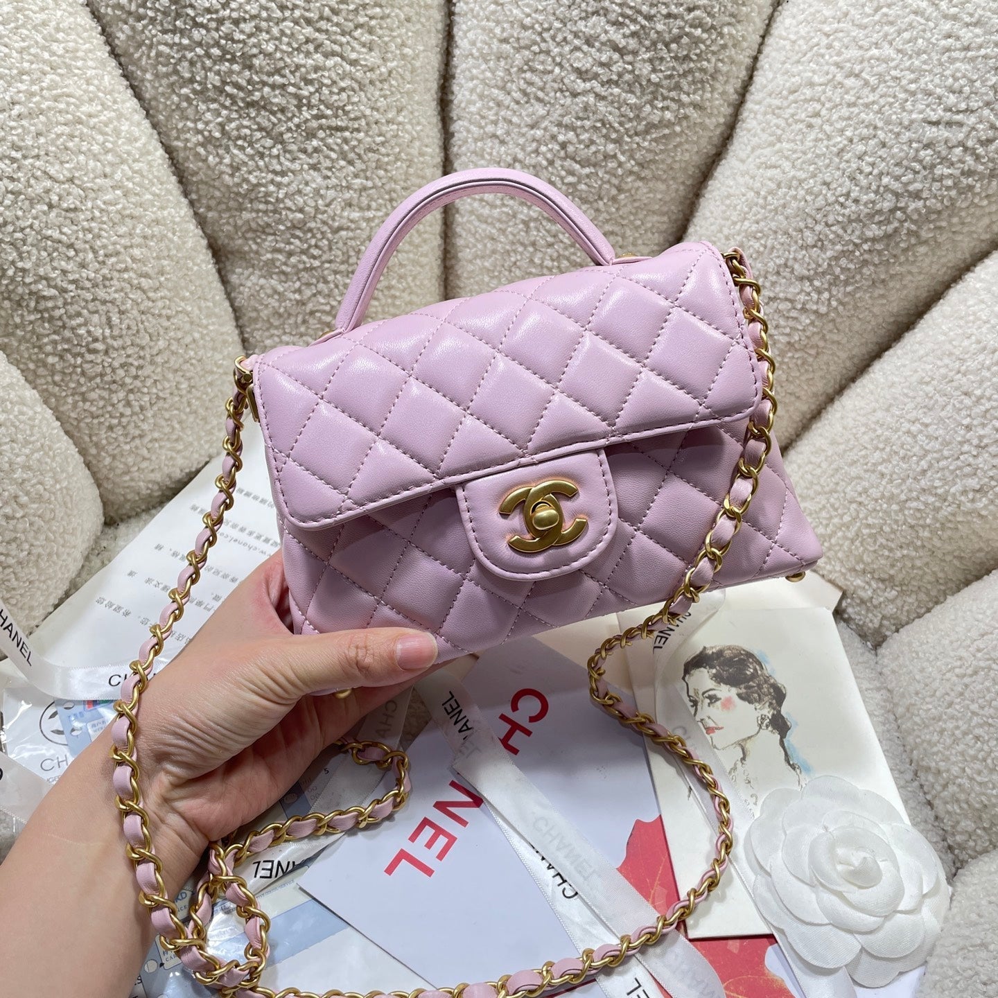 CHANEL 25P Mini Flap Bag 20cm Top Handle Pink Calfskin Gold Hardware