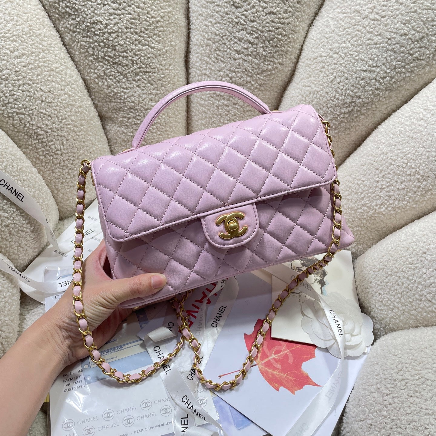 CHANEL 25P Medium Flap Bag 25cm Top Handle Pink Calfskin Gold Hardware