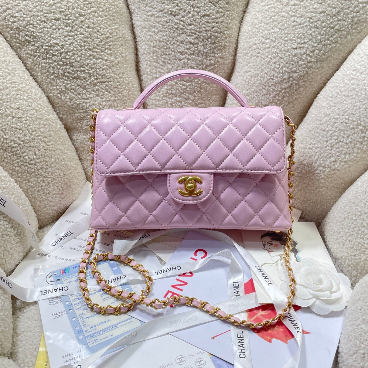 CHANEL 25P Medium Flap Bag 25cm Top Handle Pink Calfskin Gold Hardware