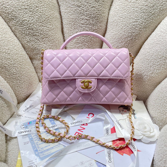 CHANEL 25P Medium Flap Bag 25cm Top Handle Pink Calfskin Gold Hardware