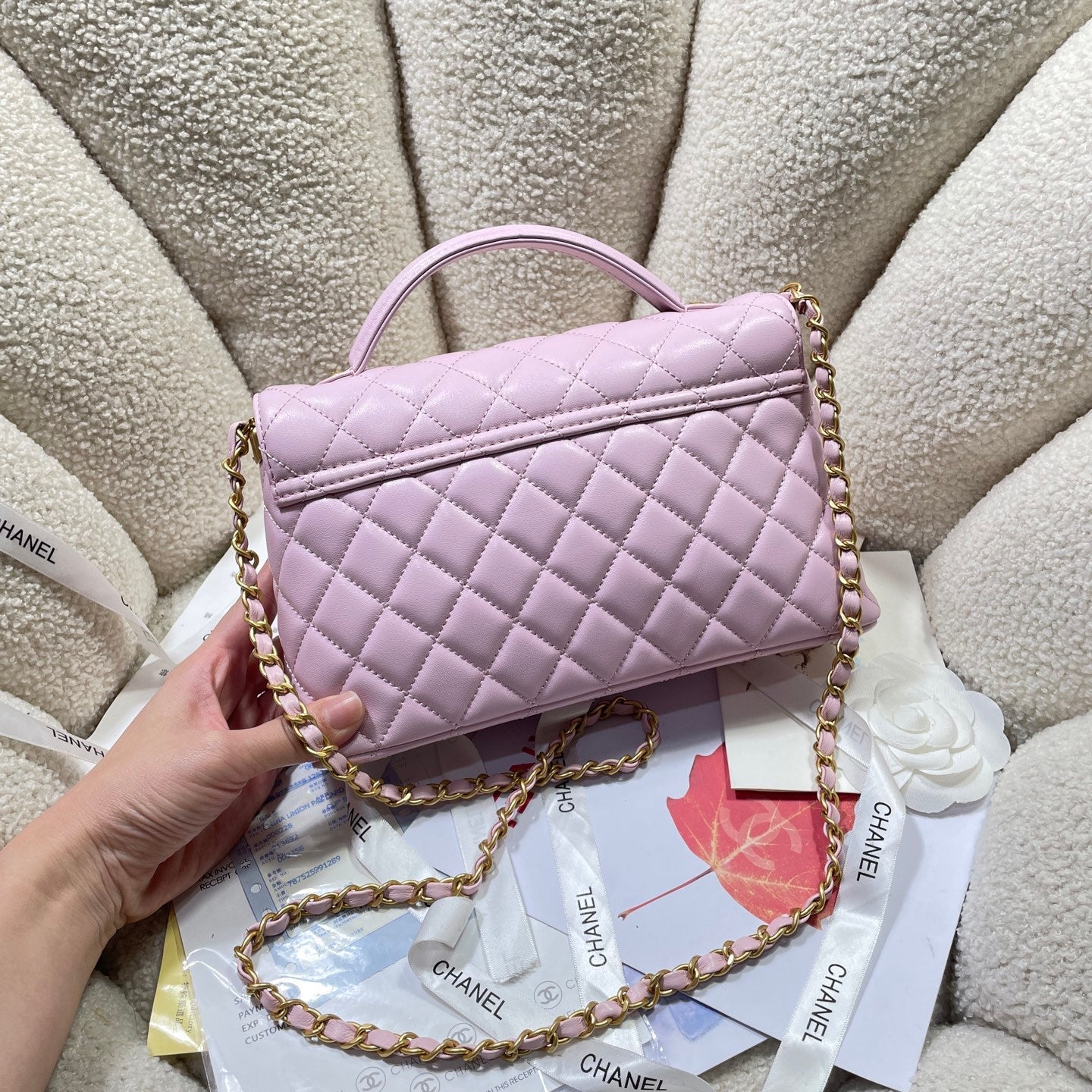 CHANEL 25P Medium Flap Bag 25cm Top Handle Pink Calfskin Gold Hardware