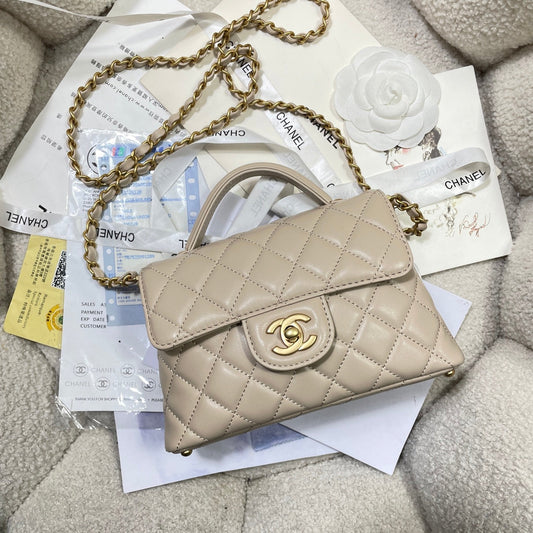 CHANEL 25P Mini Flap Bag 20cm Top Handle Beige Calfskin Gold Hardware