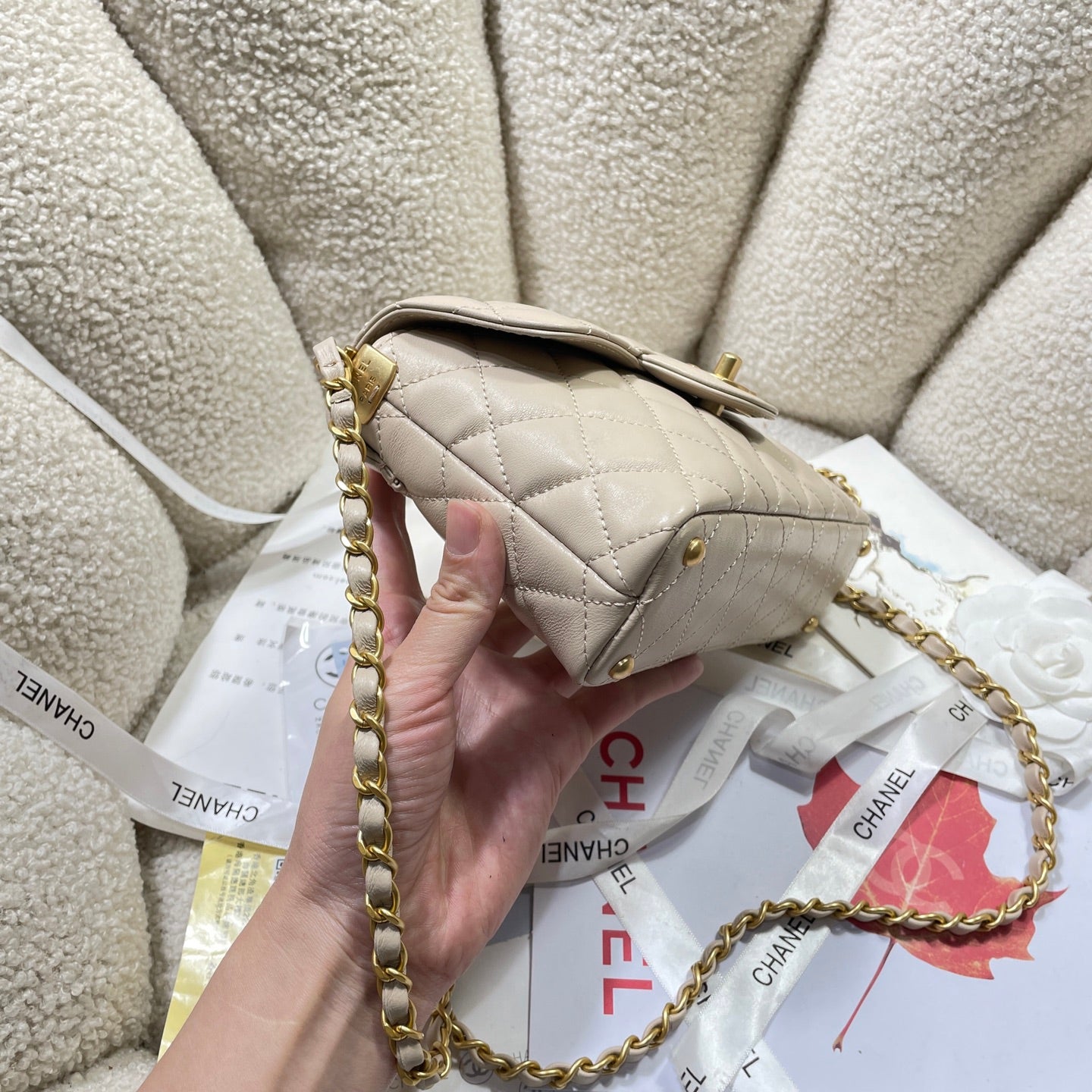 CHANEL 25P Mini Flap Bag 20cm Top Handle Beige Calfskin Gold Hardware
