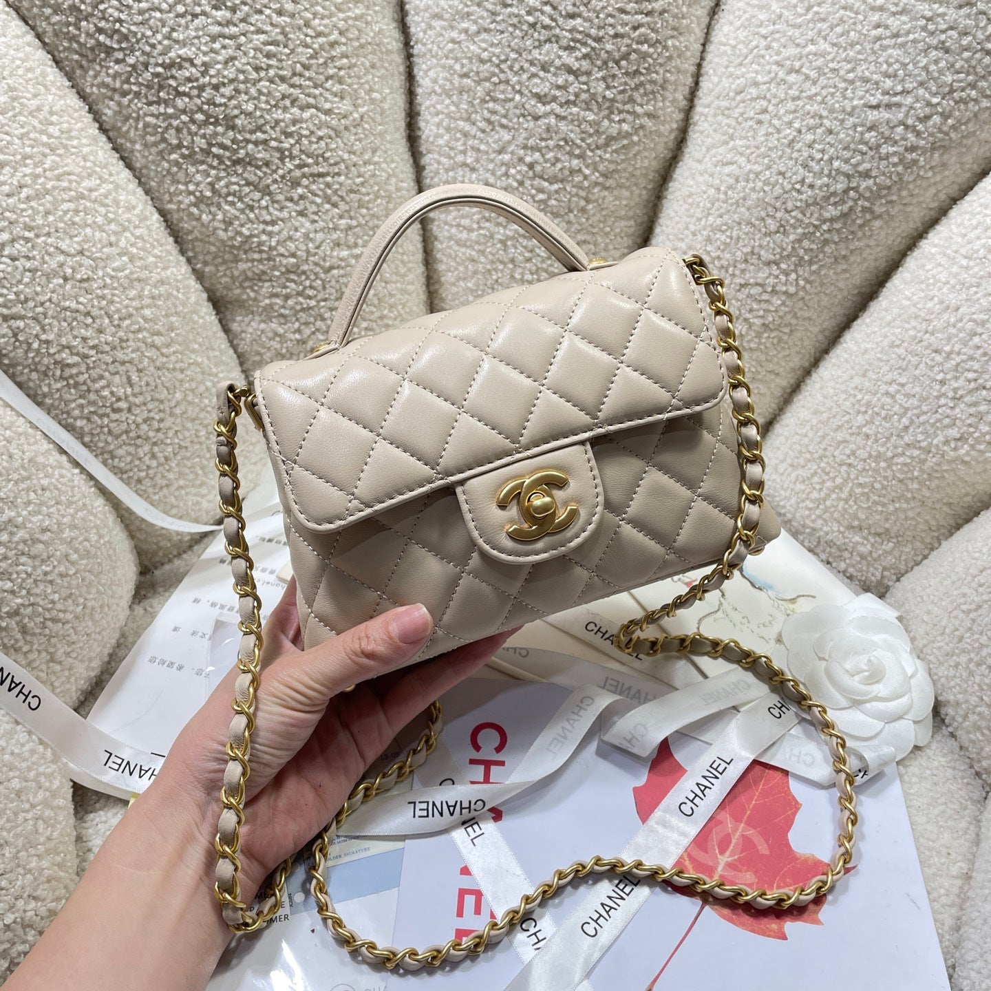 CHANEL 25P Mini Flap Bag 20cm Top Handle Beige Calfskin Gold Hardware