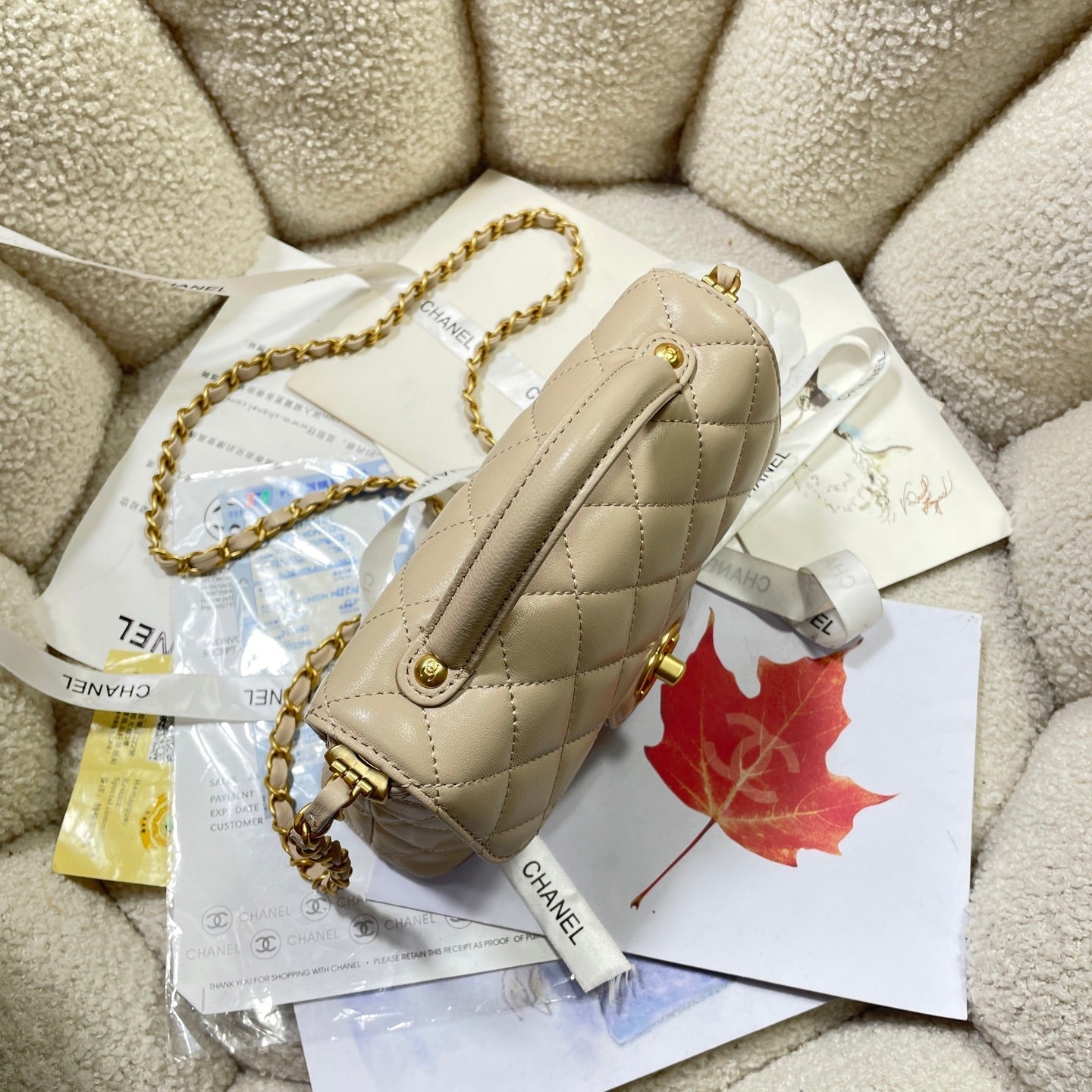 CHANEL 25P Mini Flap Bag 20cm Top Handle Beige Calfskin Gold Hardware