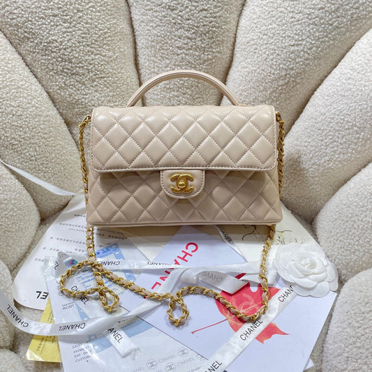 CHANEL 25P Medium Flap Bag 25cm Top Handle Beige Calfskin Gold Hardware