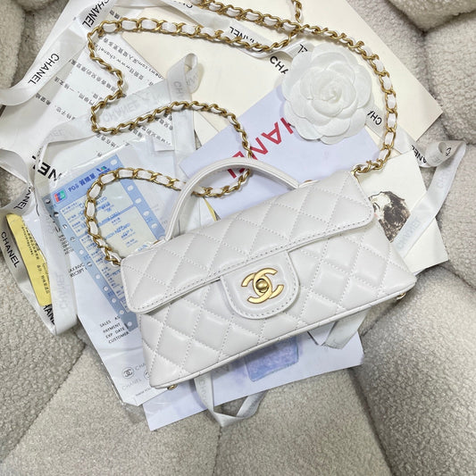 CHANEL 25P Mini Flap Bag 22cm Top Handle Cream Calfskin Gold Hardware