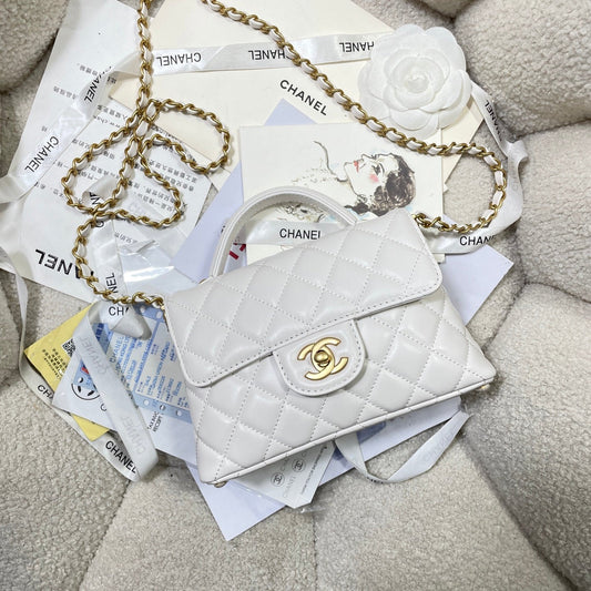 CHANEL 25P Mini Flap Bag 20cm Top Handle Cream Calfskin Gold Hardware