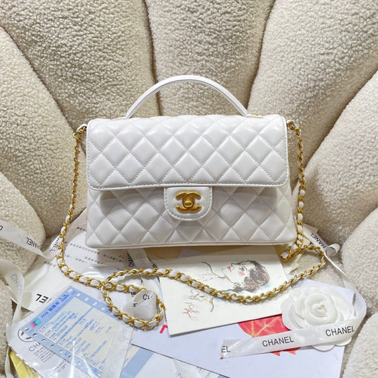 CHANEL 25P Medium Flap Bag 25cm Top Handle Cream Calfskin Gold Hardware