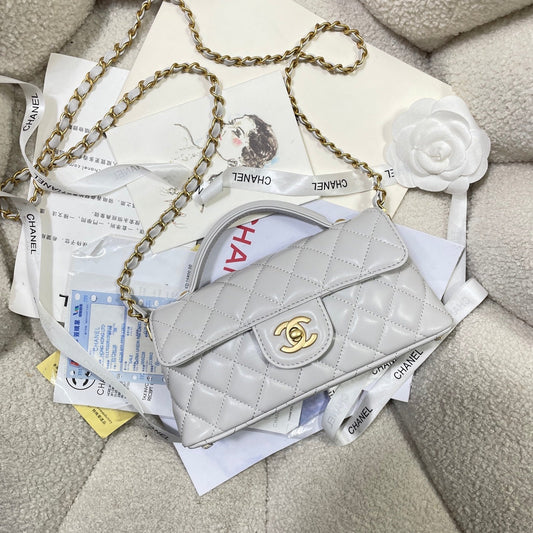 CHANEL 25P Mini Flap Bag 22cm Top Handle Grey Calfskin Gold Hardware