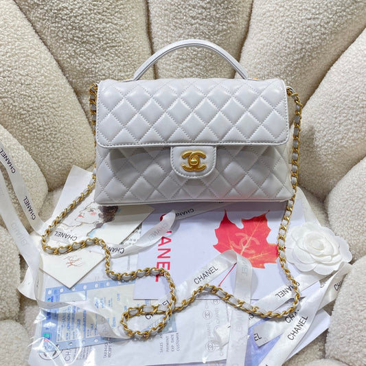 CHANEL 25P Medium Flap Bag 25cm Top Handle Grey Calfskin Gold Hardware