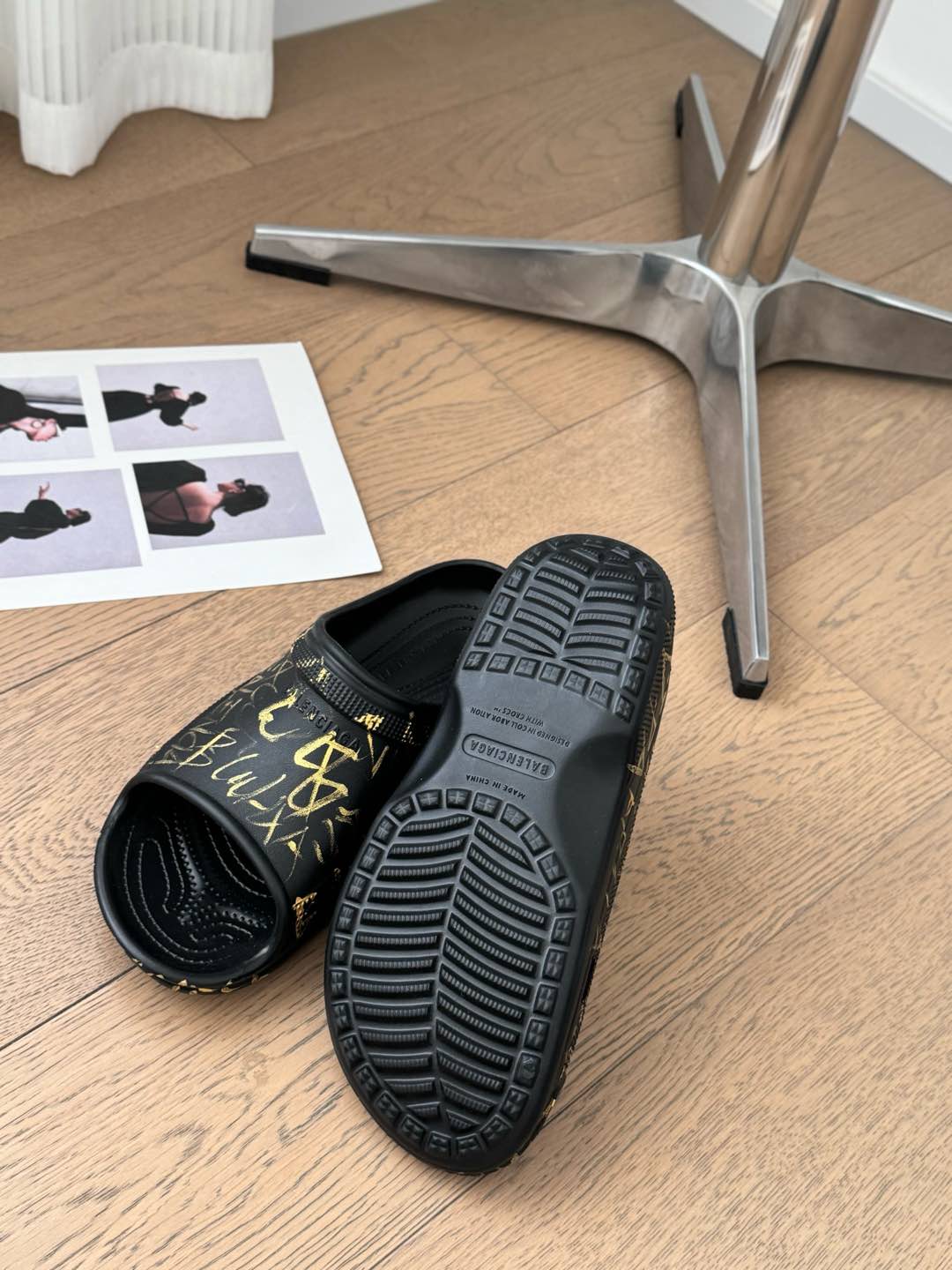Balanciaga POOL GRAFFITI CROCS SLIDE SANDALS IN BLACK AND YELLOW RUBBER