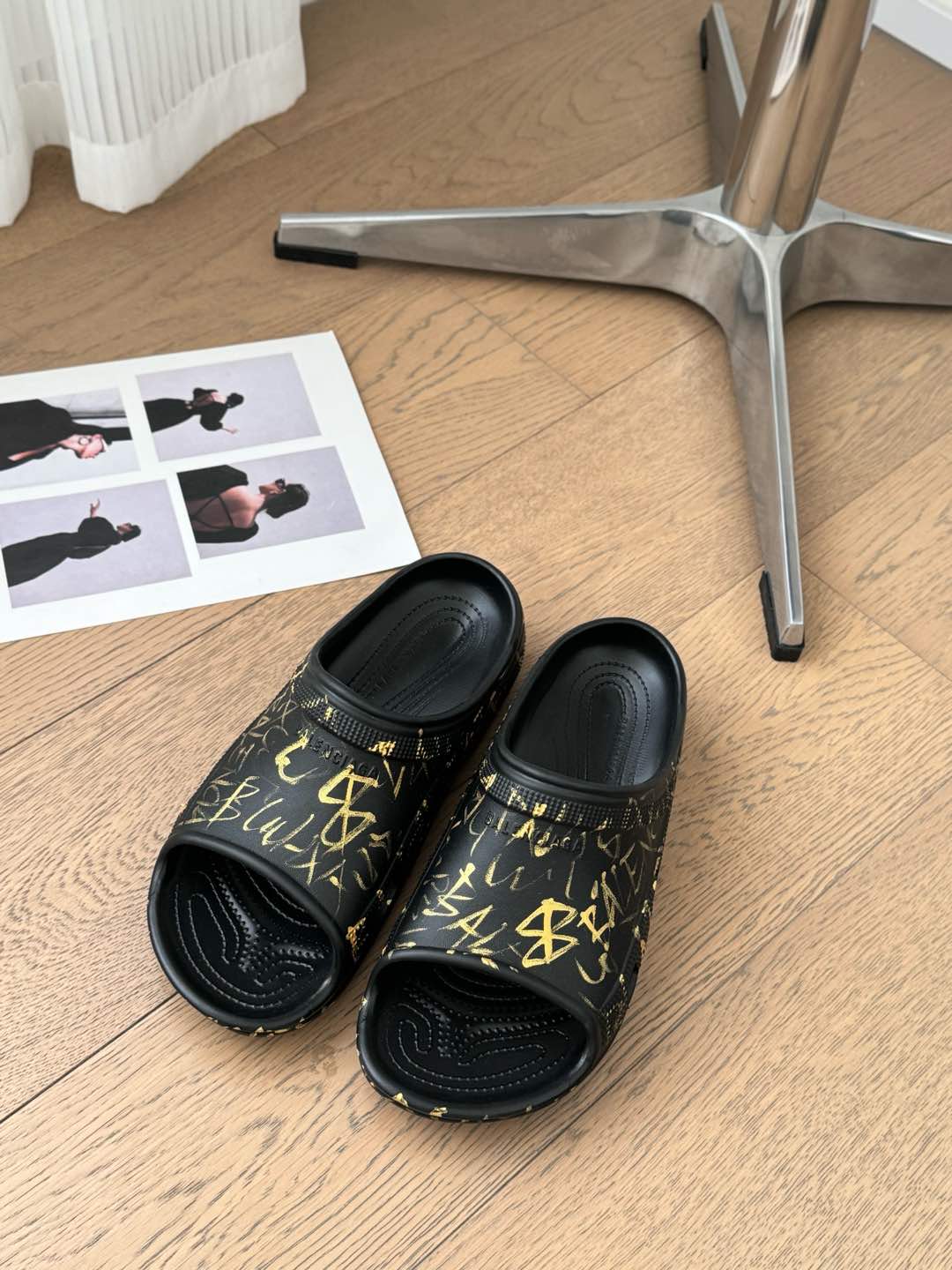 Balanciaga POOL GRAFFITI CROCS SLIDE SANDALS IN BLACK AND YELLOW RUBBER