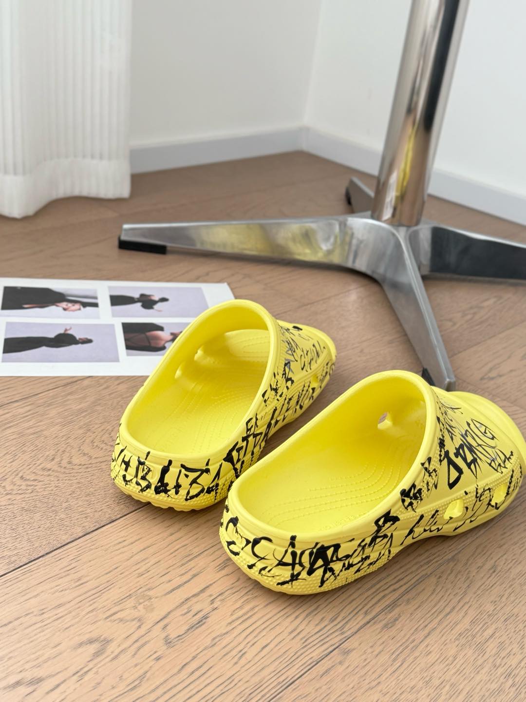 Balanciaga POOL GRAFFITI CROCS SLIDE SANDALS IN YELLOW AND BLACK RUBBER