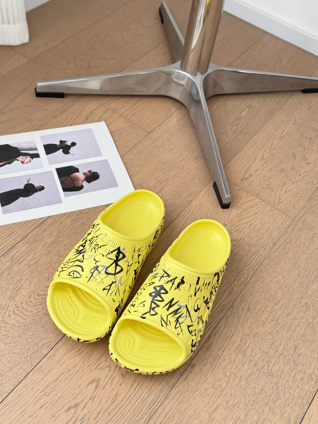 Balanciaga POOL GRAFFITI CROCS SLIDE SANDALS IN YELLOW AND BLACK RUBBER