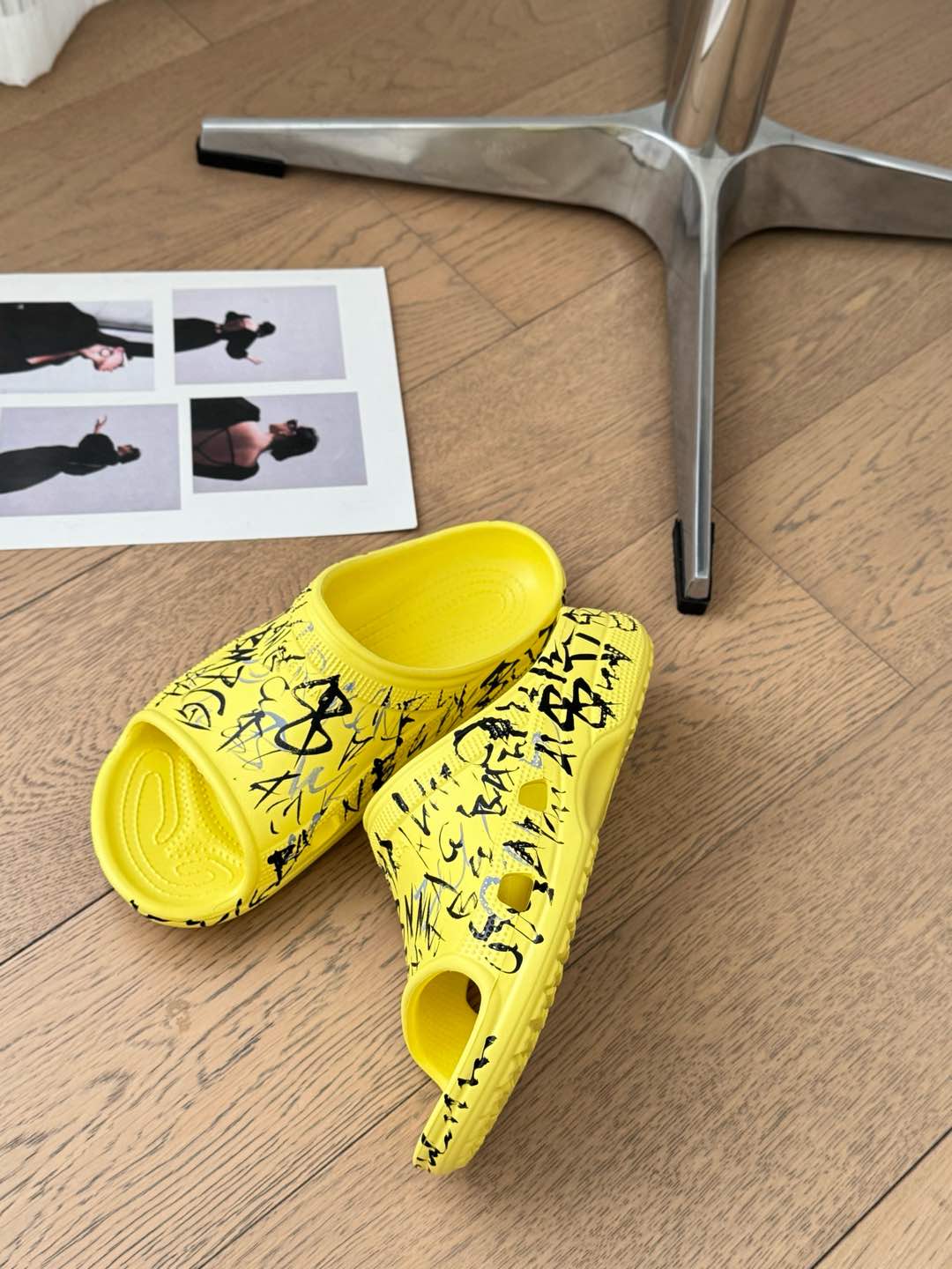 Balanciaga POOL GRAFFITI CROCS SLIDE SANDALS IN YELLOW AND BLACK RUBBER