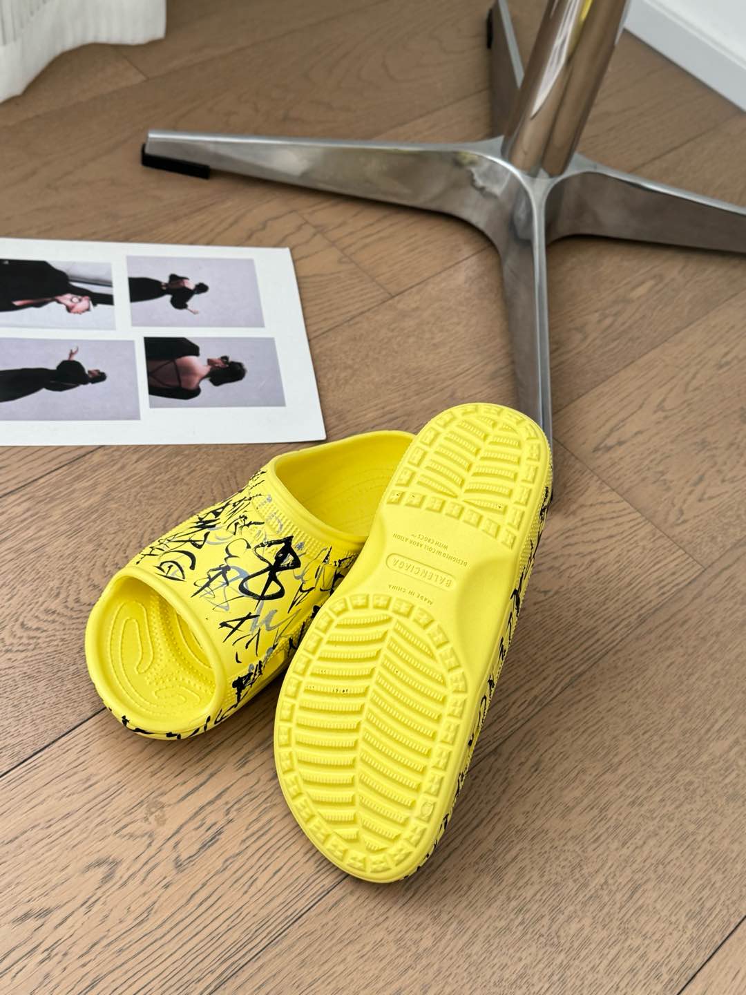 Balanciaga POOL GRAFFITI CROCS SLIDE SANDALS IN YELLOW AND BLACK RUBBER