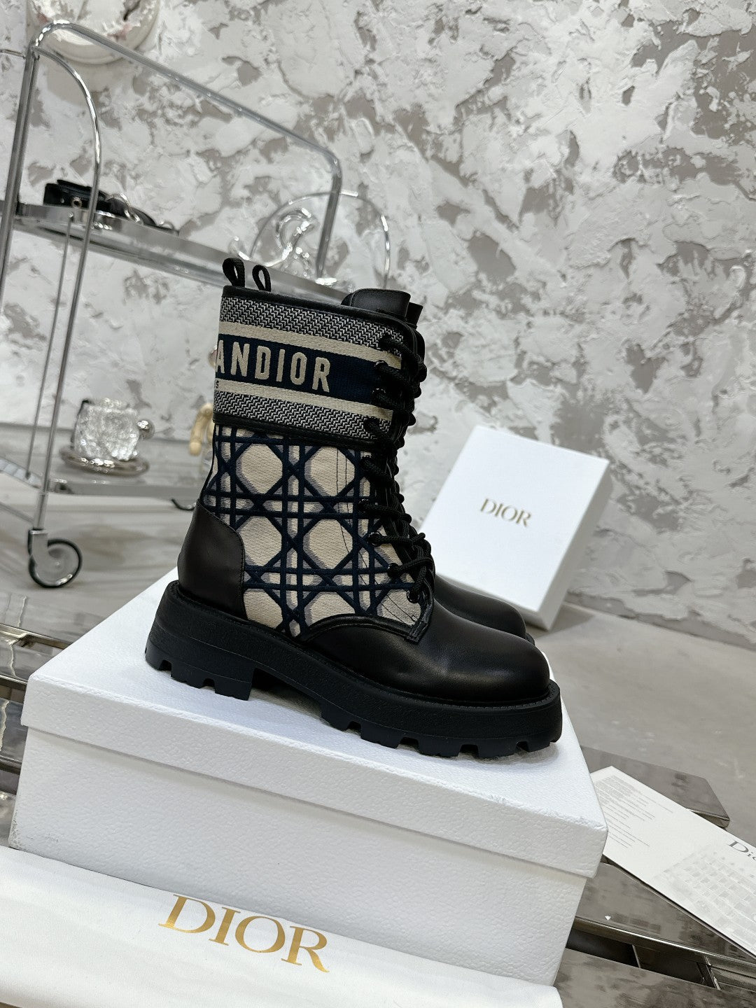 DIOR D-Major Ankle Boot In Black Mix Charcoal Blue Tweed 100590