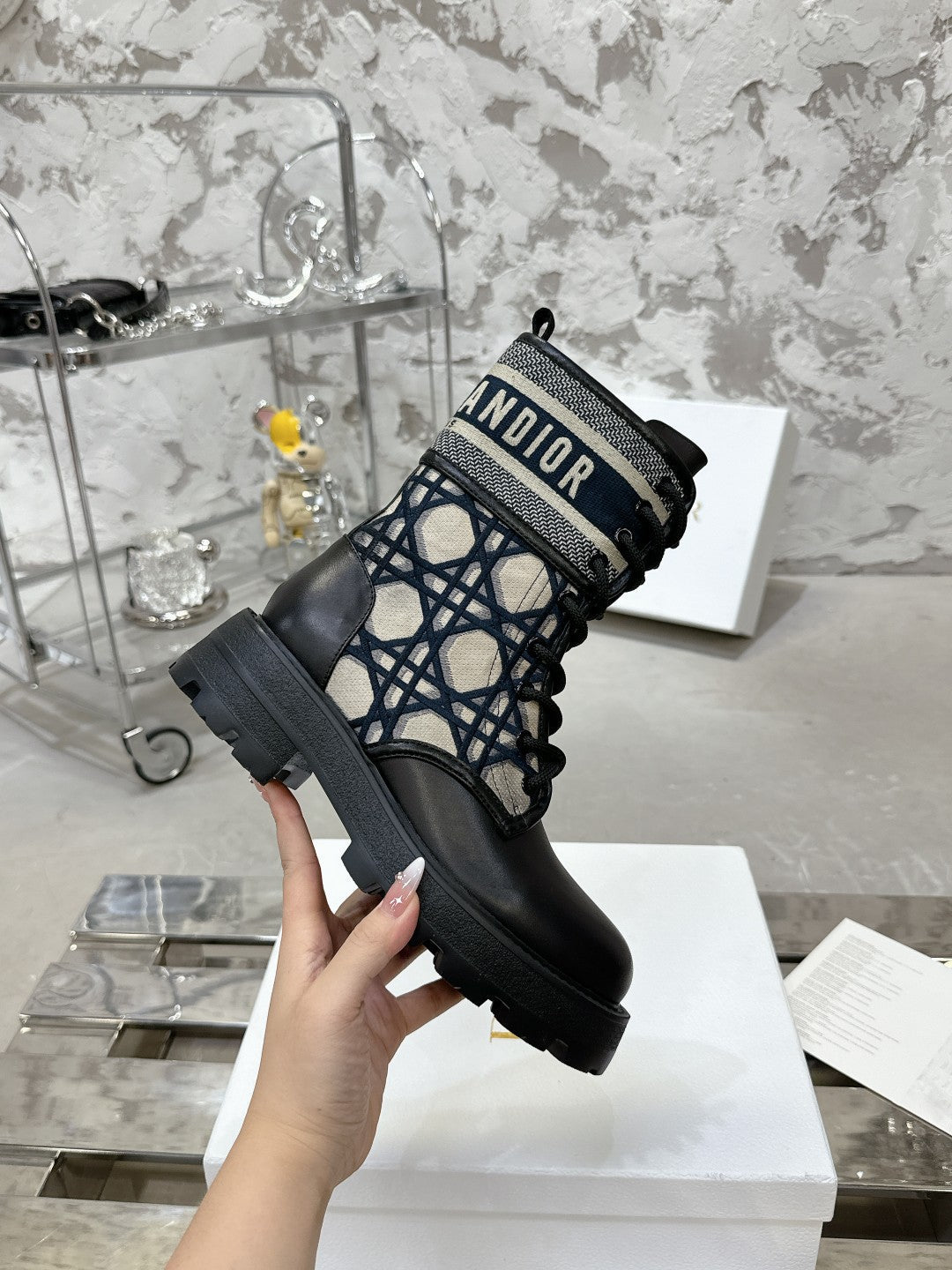 DIOR D-Major Ankle Boot In Black Mix Charcoal Blue Tweed 100590