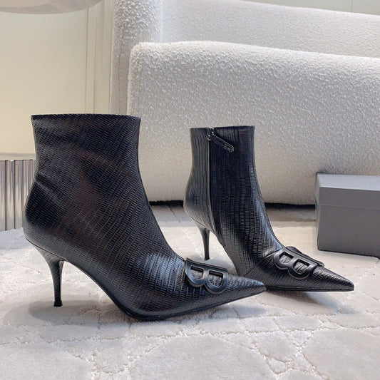 Balanciaga POINTED-TOE HIGH HEEL BOOTS IN BLACK LIZARD EMBOSSED CALFSKIN