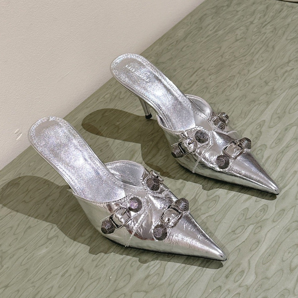 Balanciaga CAGOLE POINTED HIGH MULES IN SILVER SHINY CALFSKIN