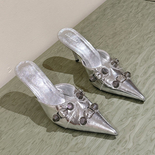 Balanciaga CAGOLE POINTED HIGH MULES IN SILVER SHINY CALFSKIN