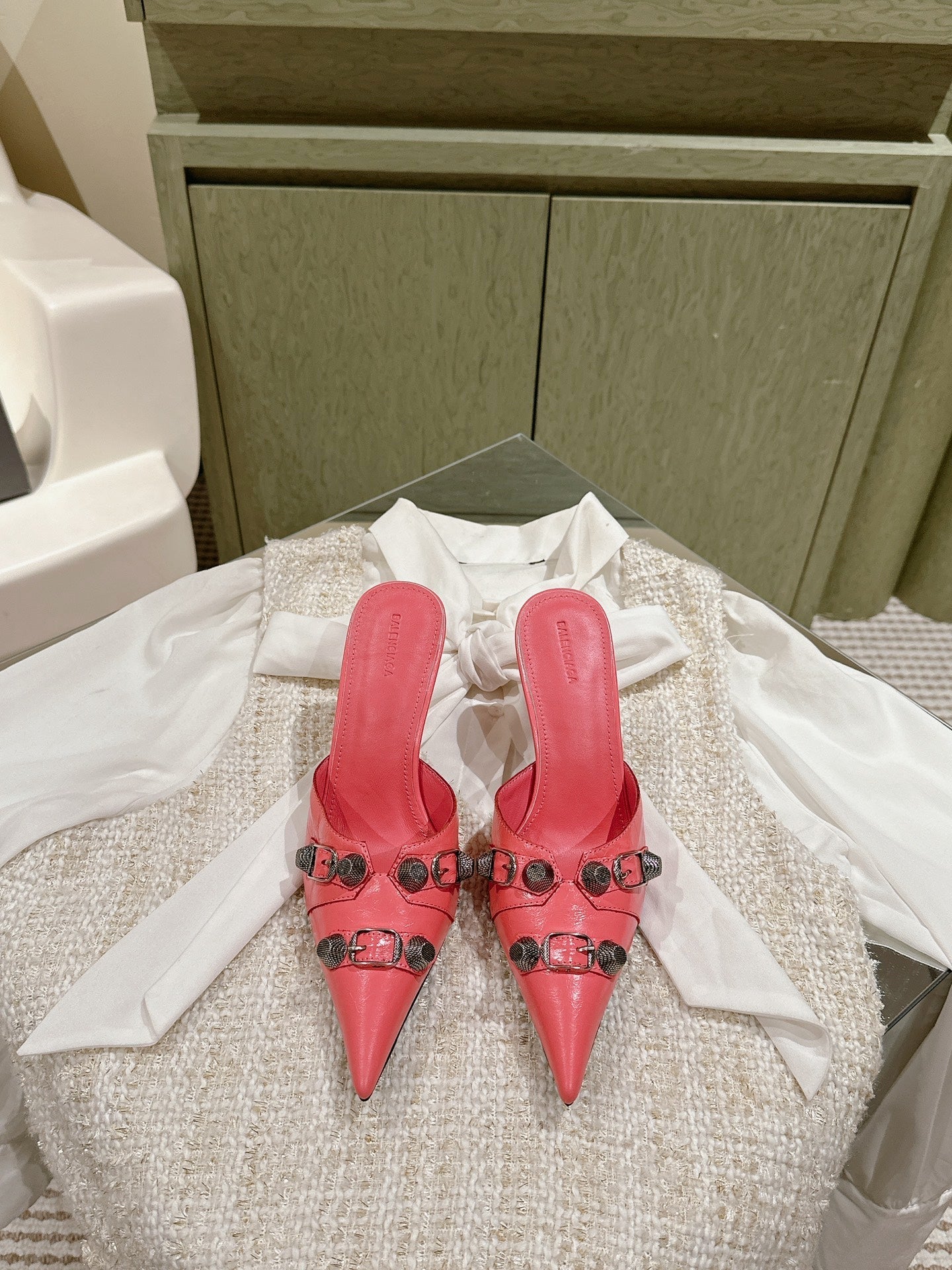 Balanciaga CAGOLE POINTED HIGH MULES IN ROMAN PINK SHINY CALFSKIN