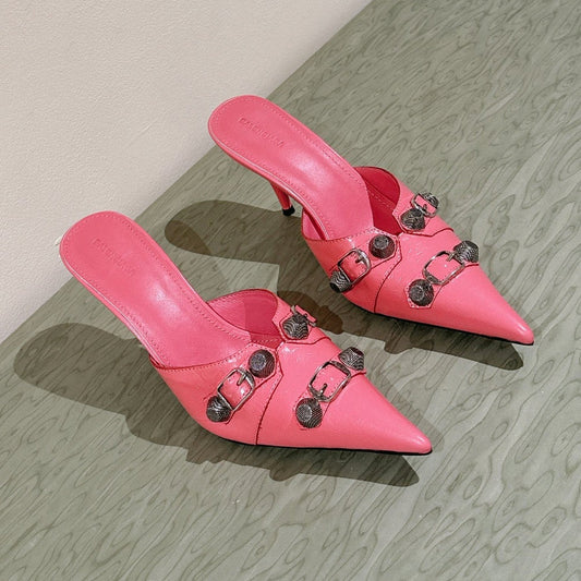 Balanciaga CAGOLE POINTED HIGH MULES IN ROMAN PINK SHINY CALFSKIN