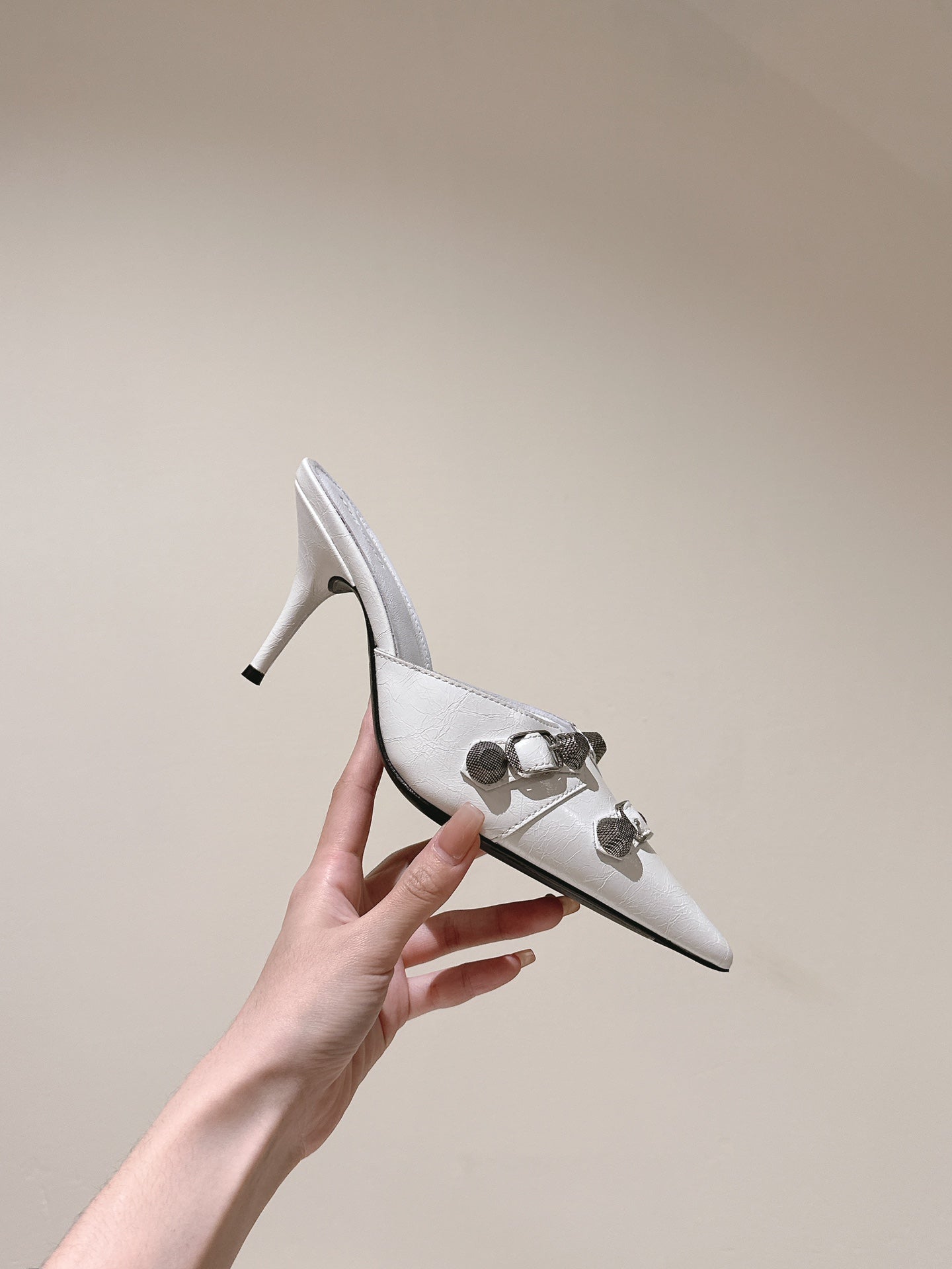 Balanciaga CAGOLE POINTED HIGH MULES IN WHITE SHINY CALFSKIN